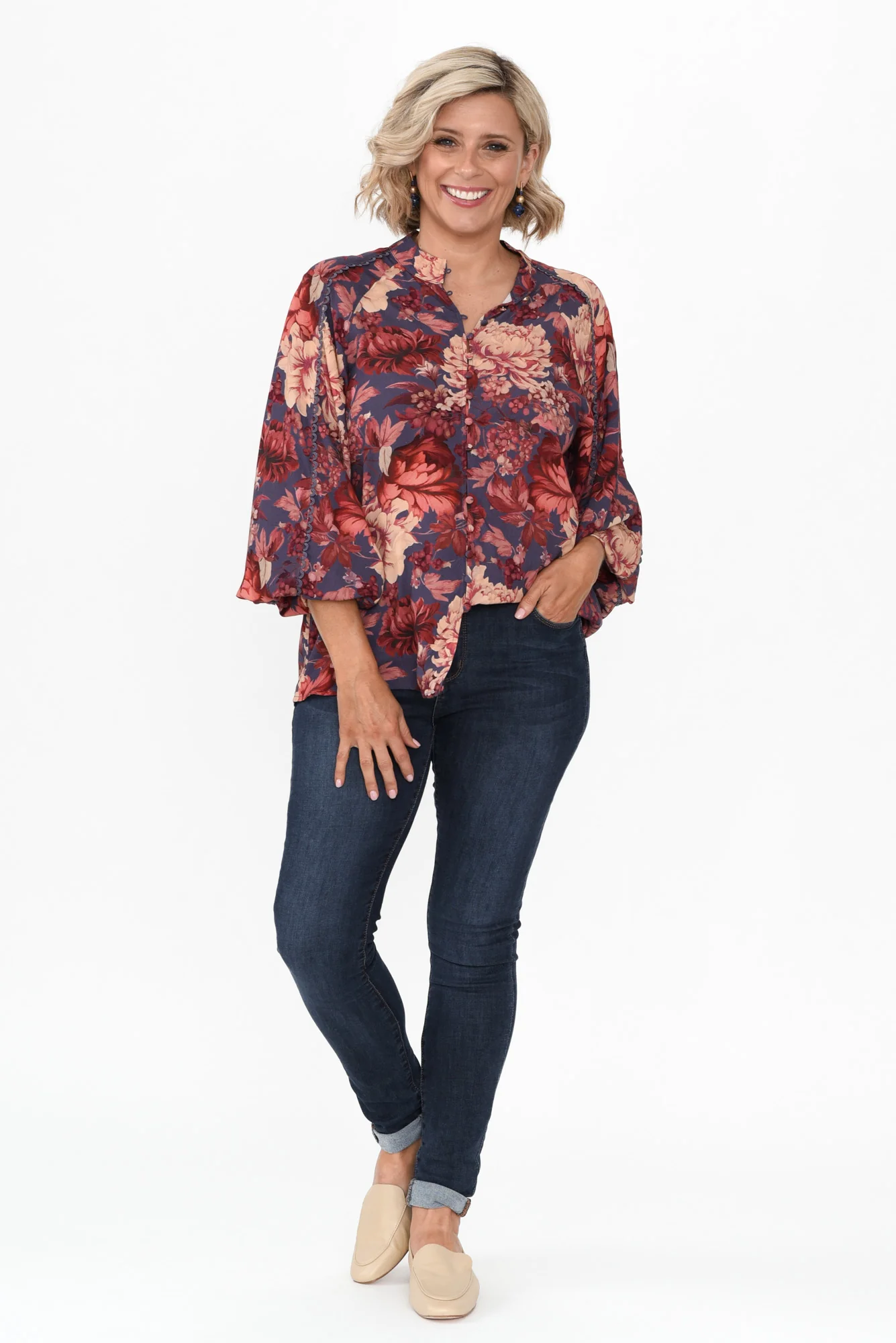 Berry Kiss Red Floral Linen Blend Blouse