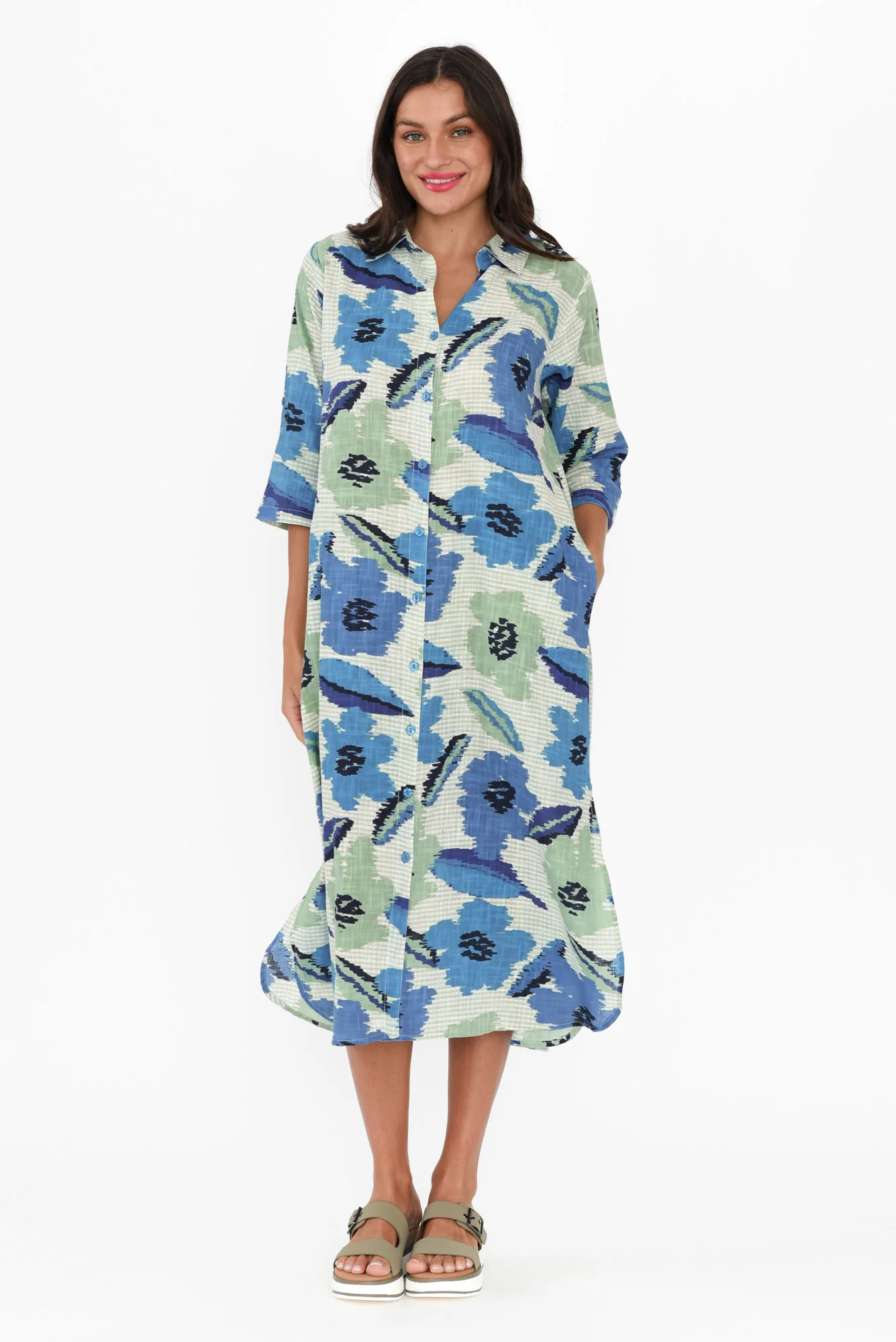 Tricia Blue Floral Cotton Shirt Dress