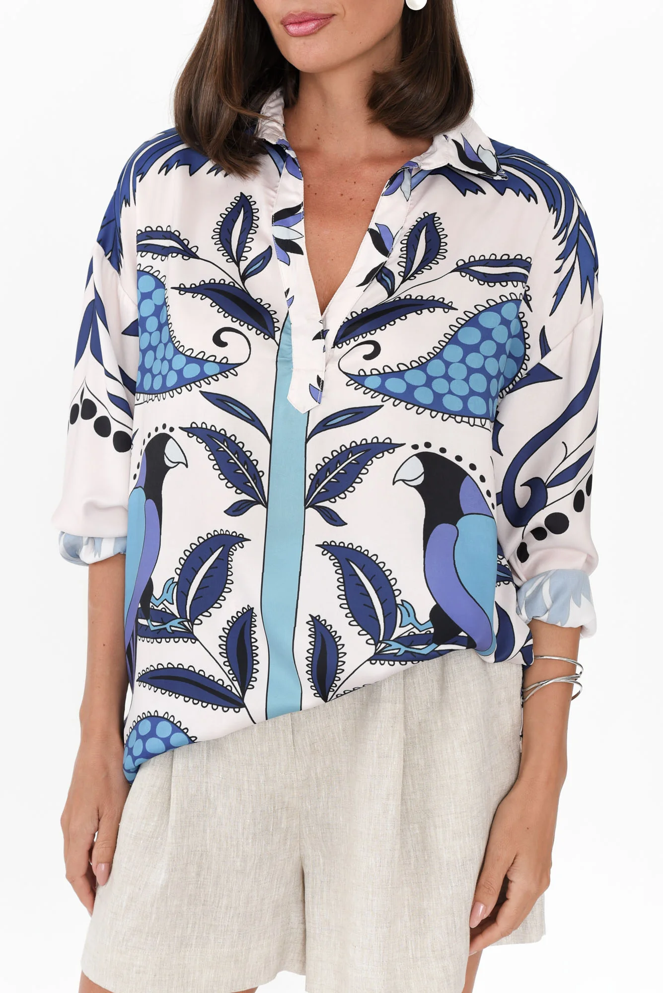 Suzy Blue Tropical V Neck Shirt