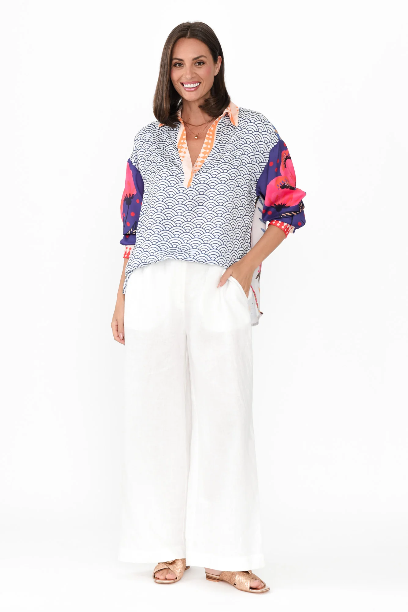 Suzy Navy Geo V Neck Shirt