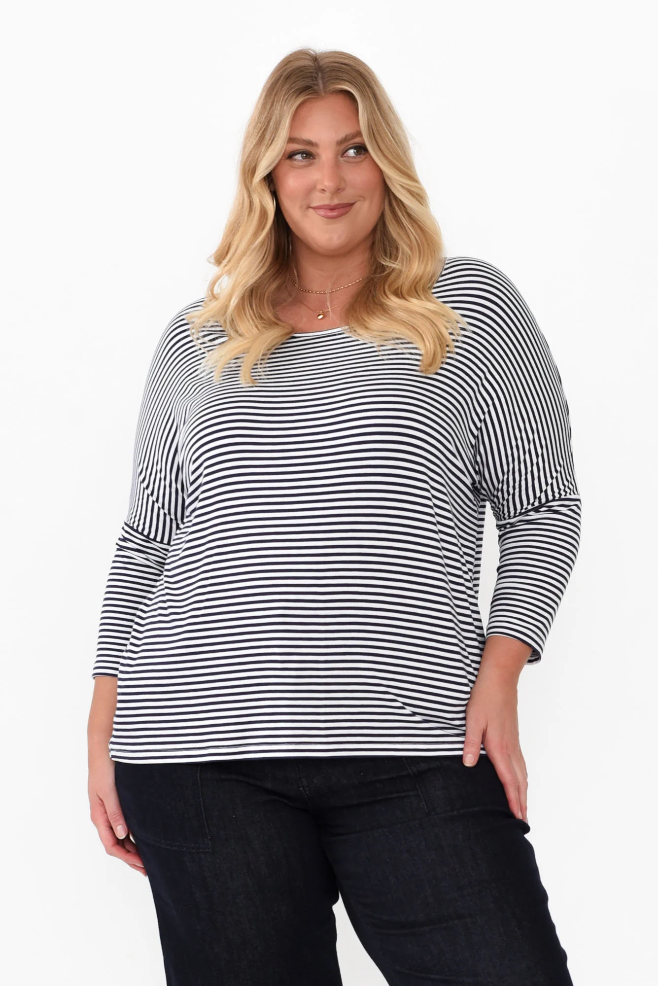 Navy and White Stripe Milan 3/4 Sleeve Top