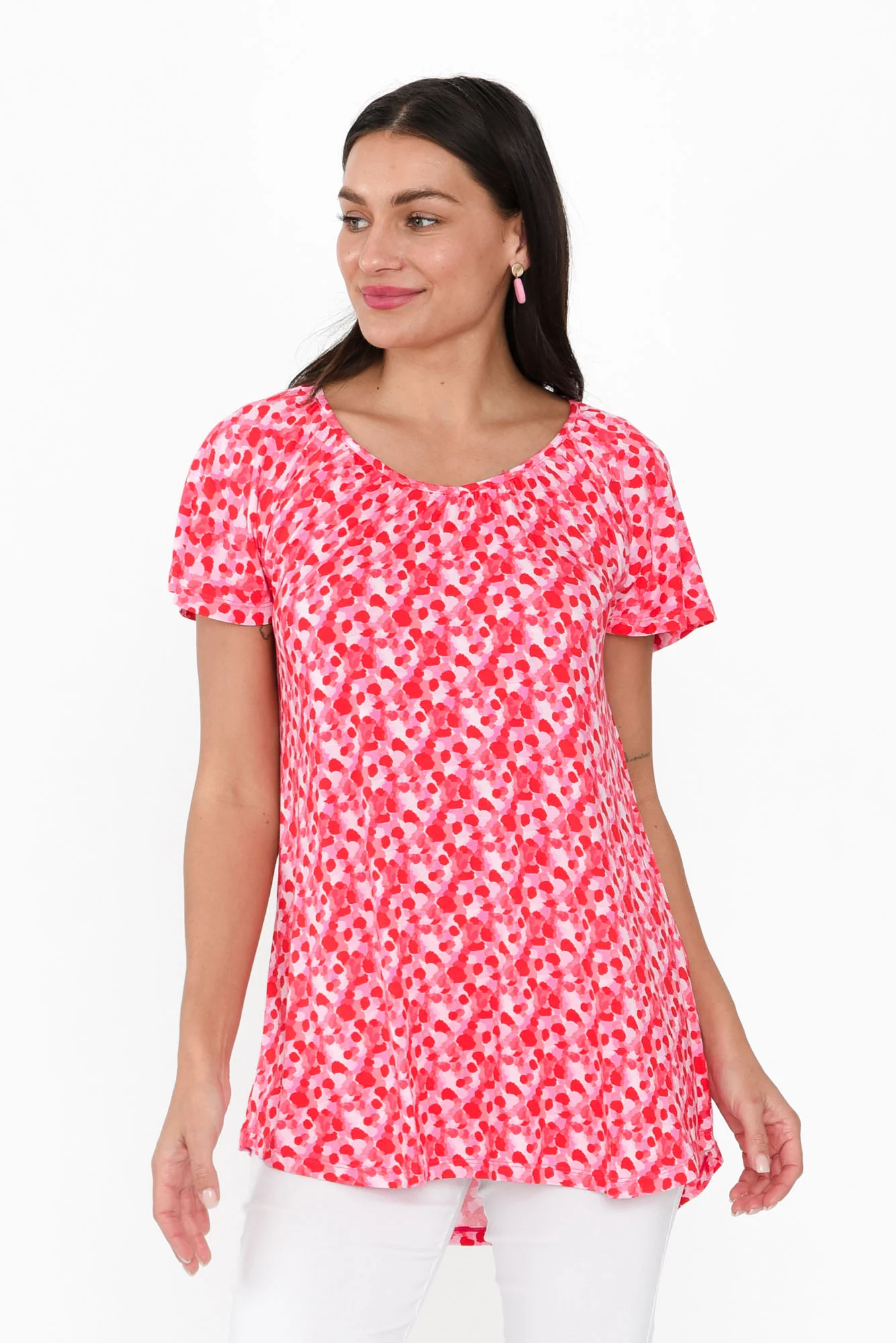 Cora Pink Spot Bamboo Blend Shirred Top