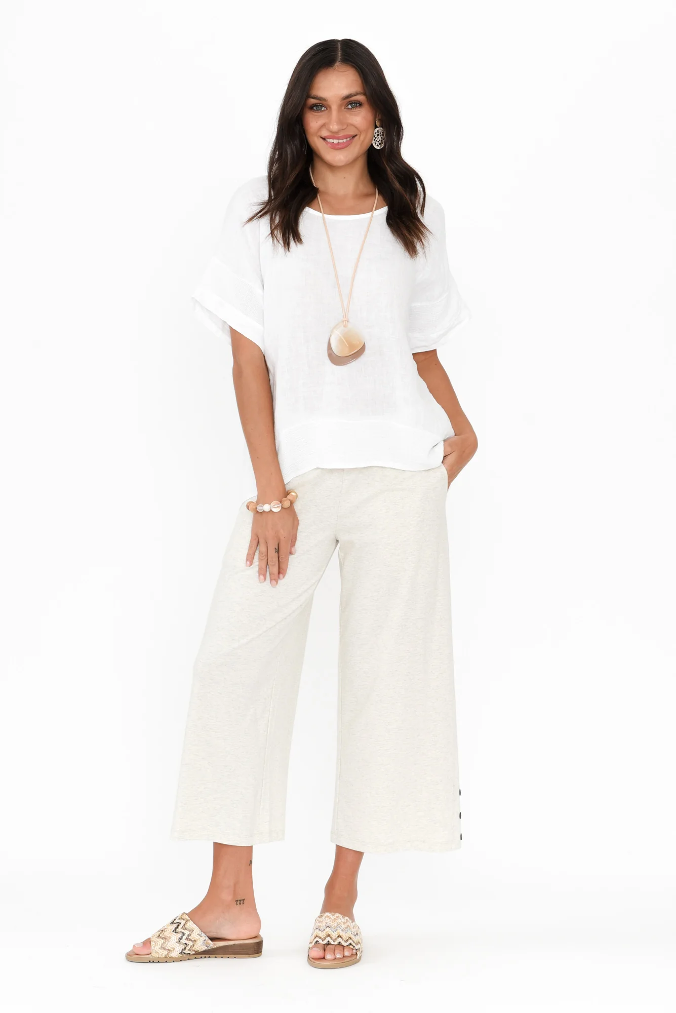 Eliana Grey Marle Cotton Shirred Cropped Pants