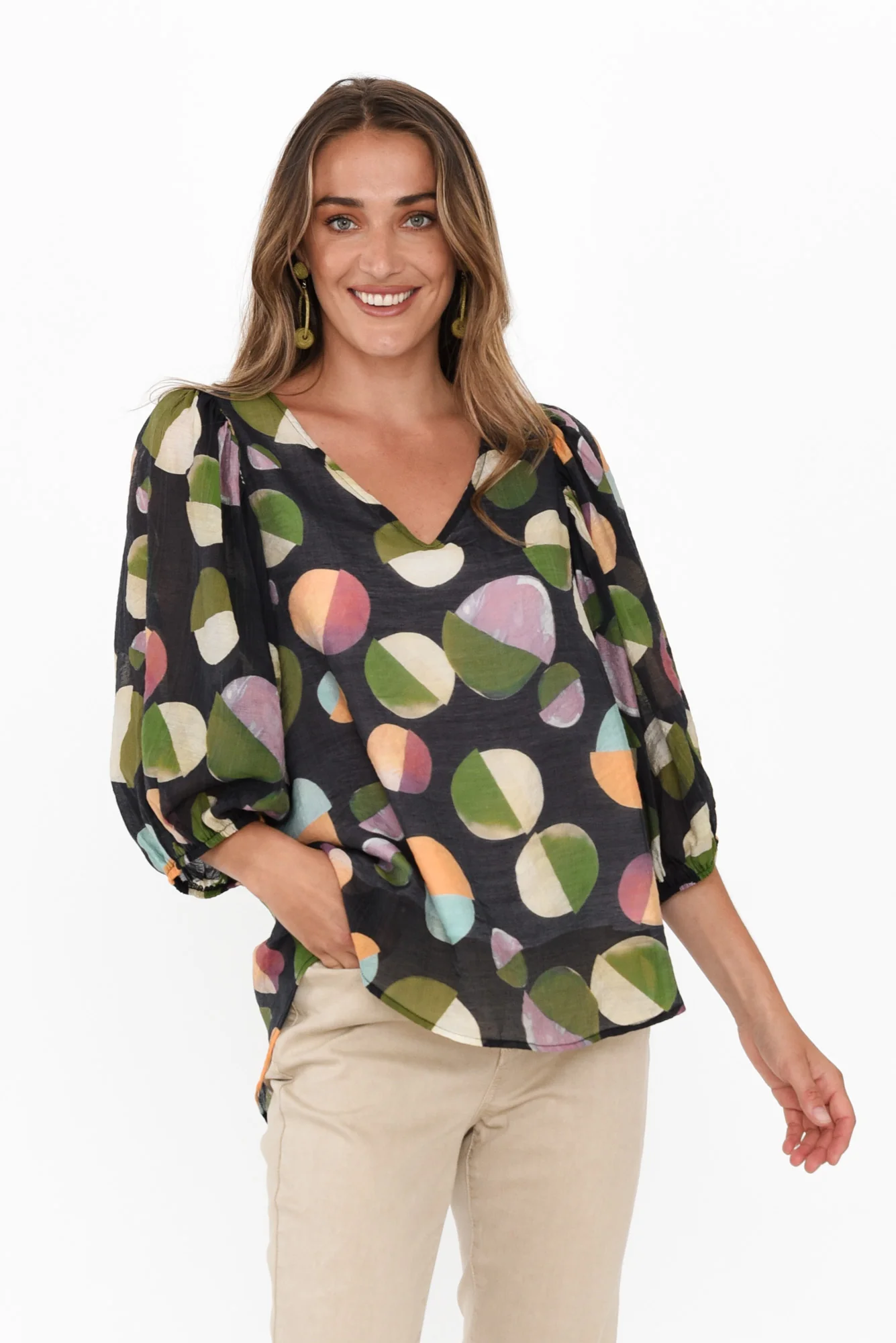 Misma Navy Spot V Neck Top