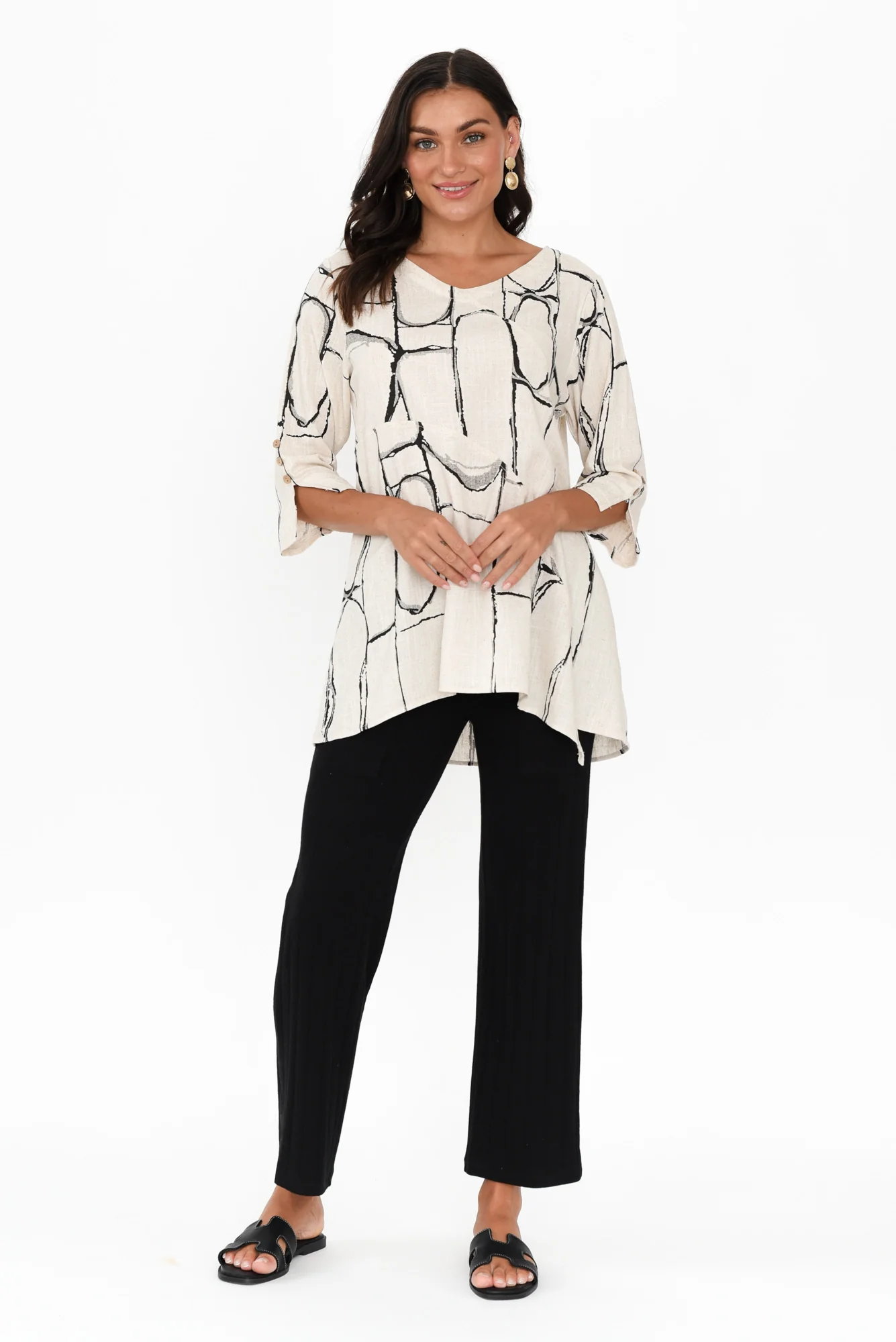 Dina Beige Geo Linen Cotton Top