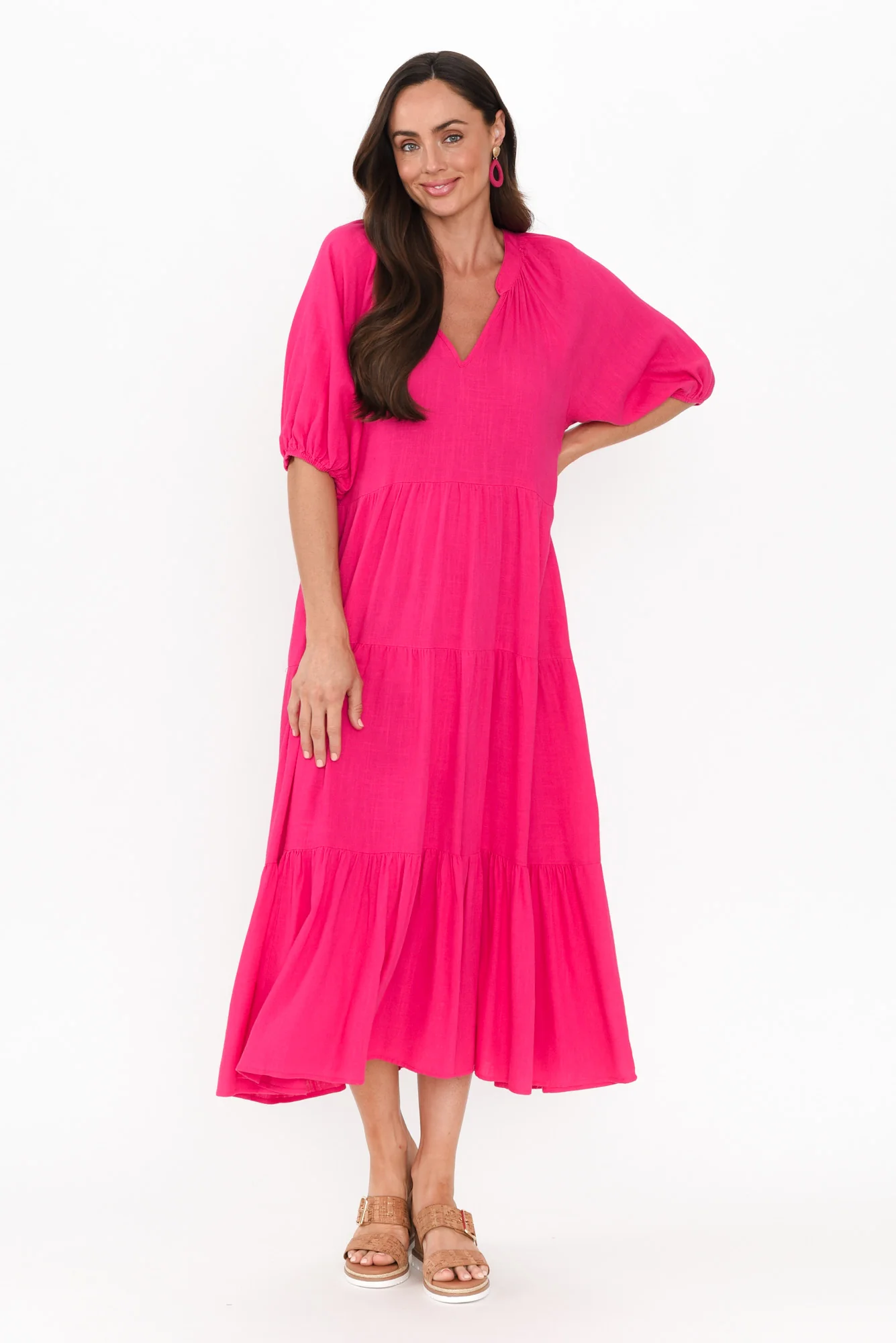 Imogene Hot Pink Cotton Linen Tiered Dress