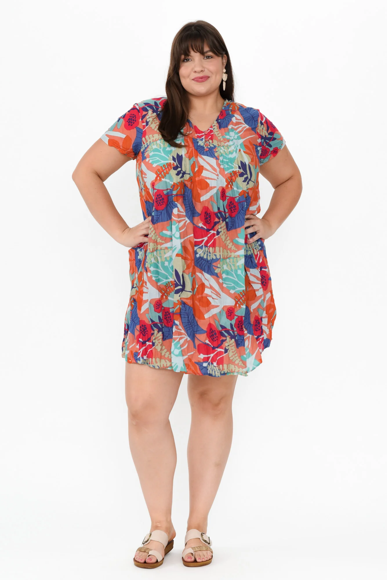 Sabina Peach Floral Crinkle Cotton Dress