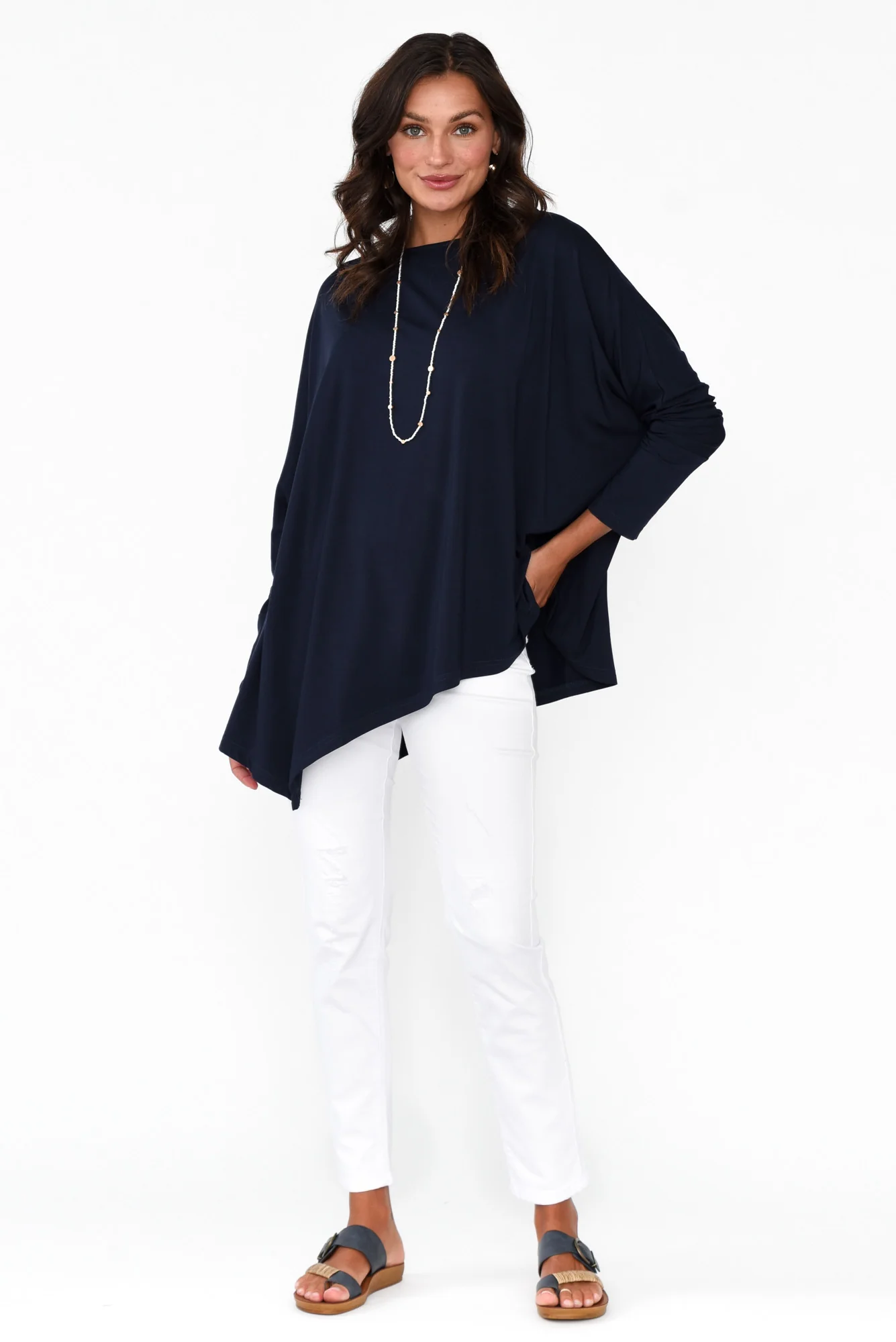 Susie Navy Asymmetrical Bamboo Top