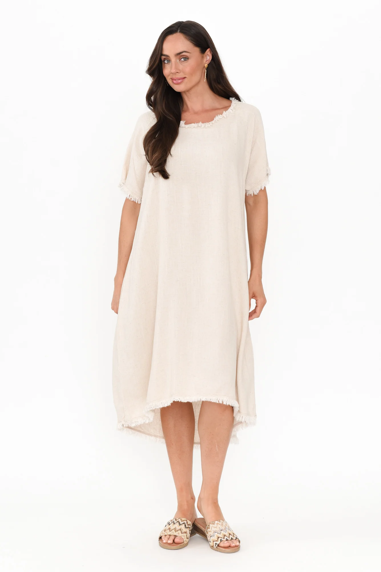 Humphrey Beige Cotton Linen Frayed Dress