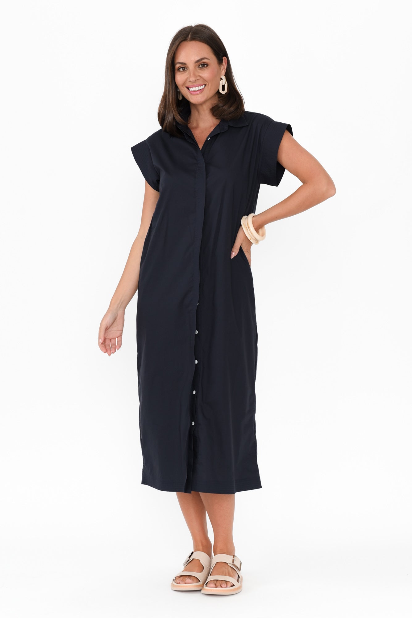 Gail Navy Cotton Belted Dress