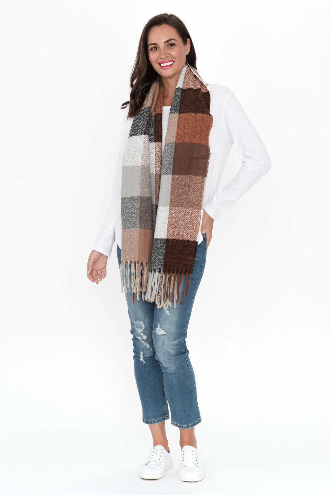 Dinu Brown Check Tassel Scarf