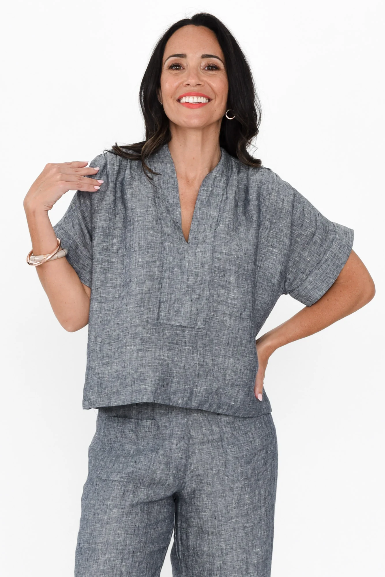 Joss Grey Linen V Neck Top