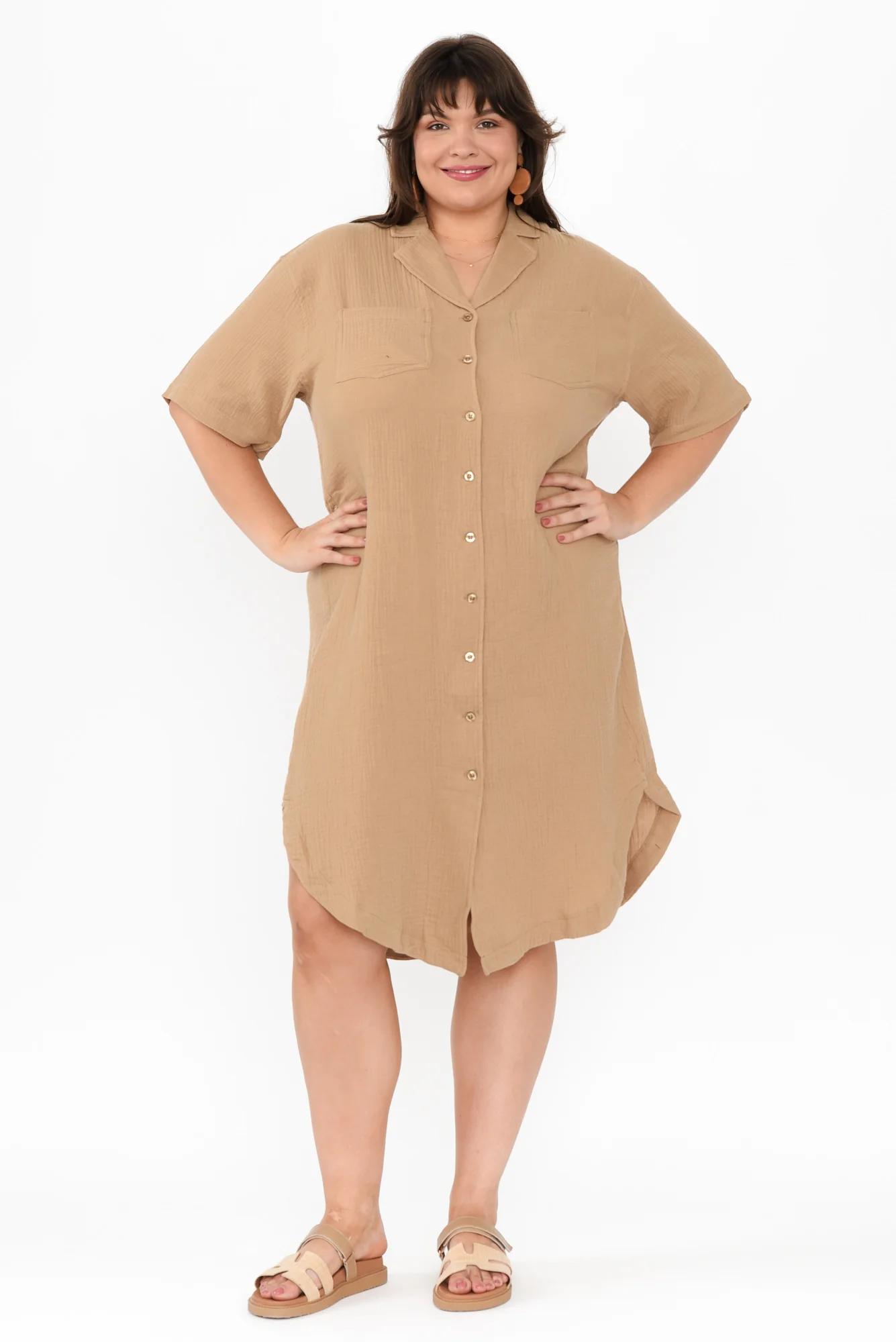 Tahiti Beige Cotton Cheesecloth Tie Dress