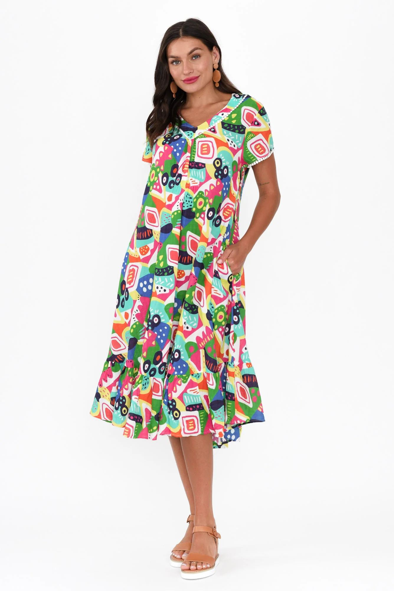 Katika Green Abstract Cotton V Neck Dress