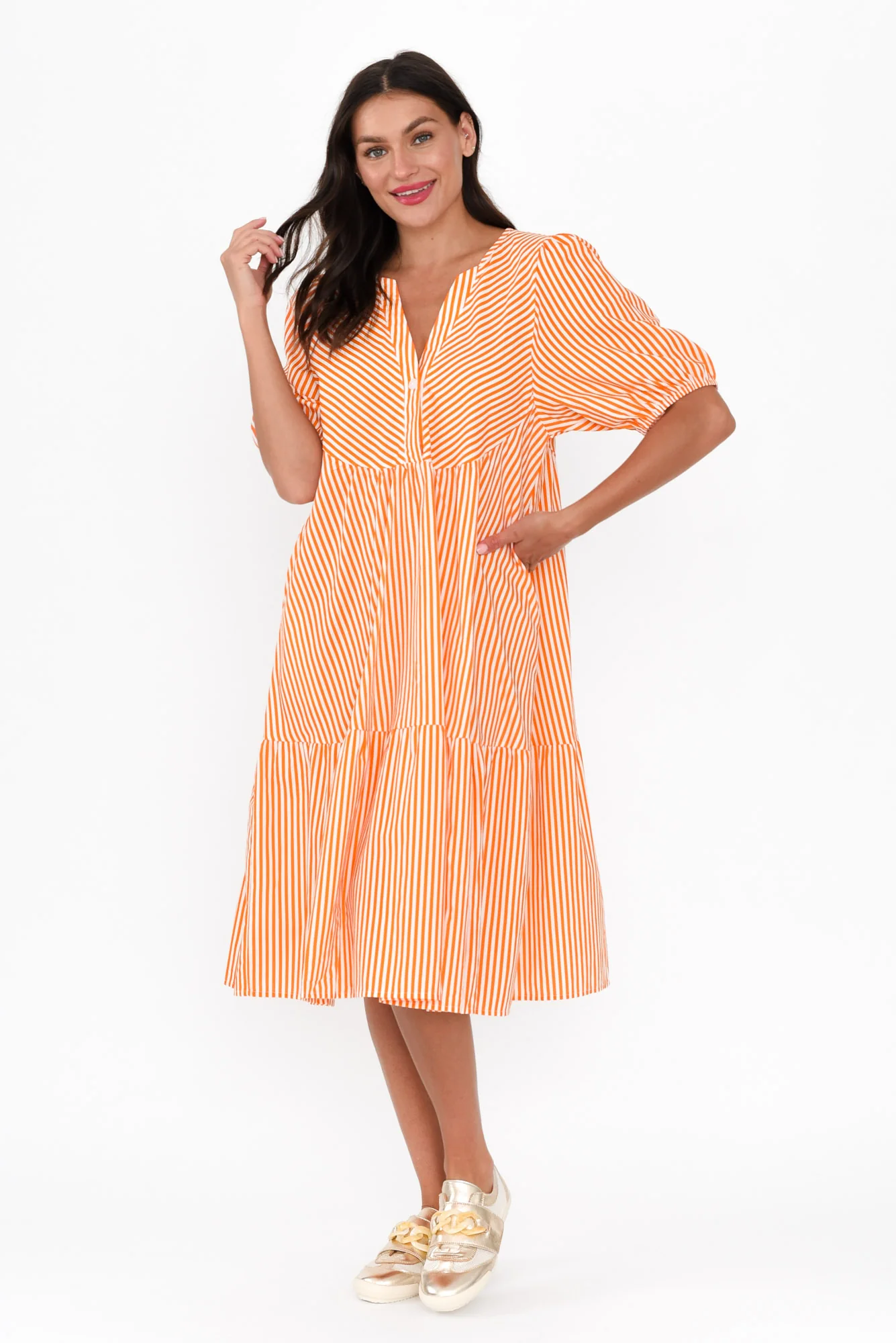 Zariah Orange Stripe Cotton Tier Dress