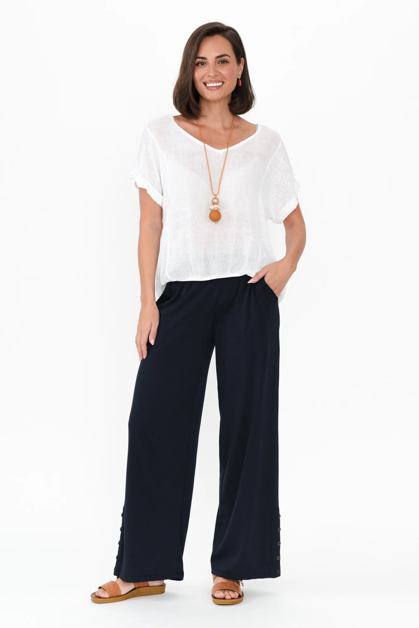 Angelica Navy Cotton Shirred Pants