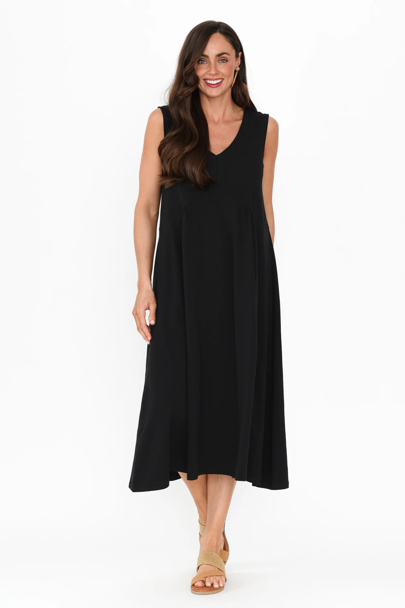 Tarah Black Cotton Stretch V Neck Dress