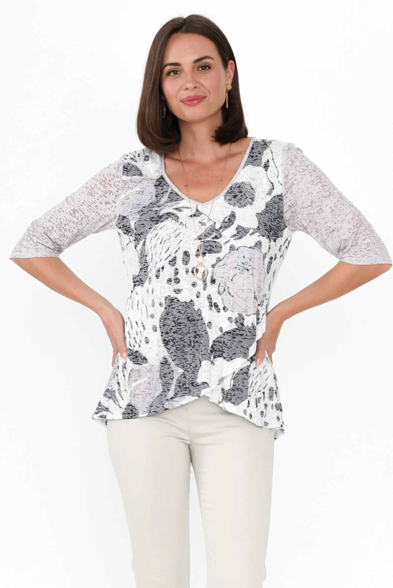 Skyros White Floral 3/4 Sleeve Top