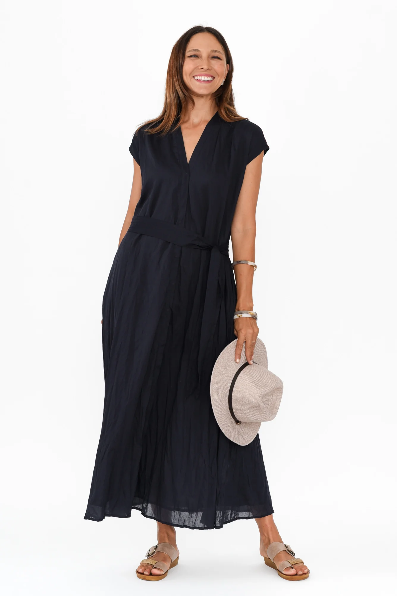 Octavia Navy Crinkle Cotton Button Dress