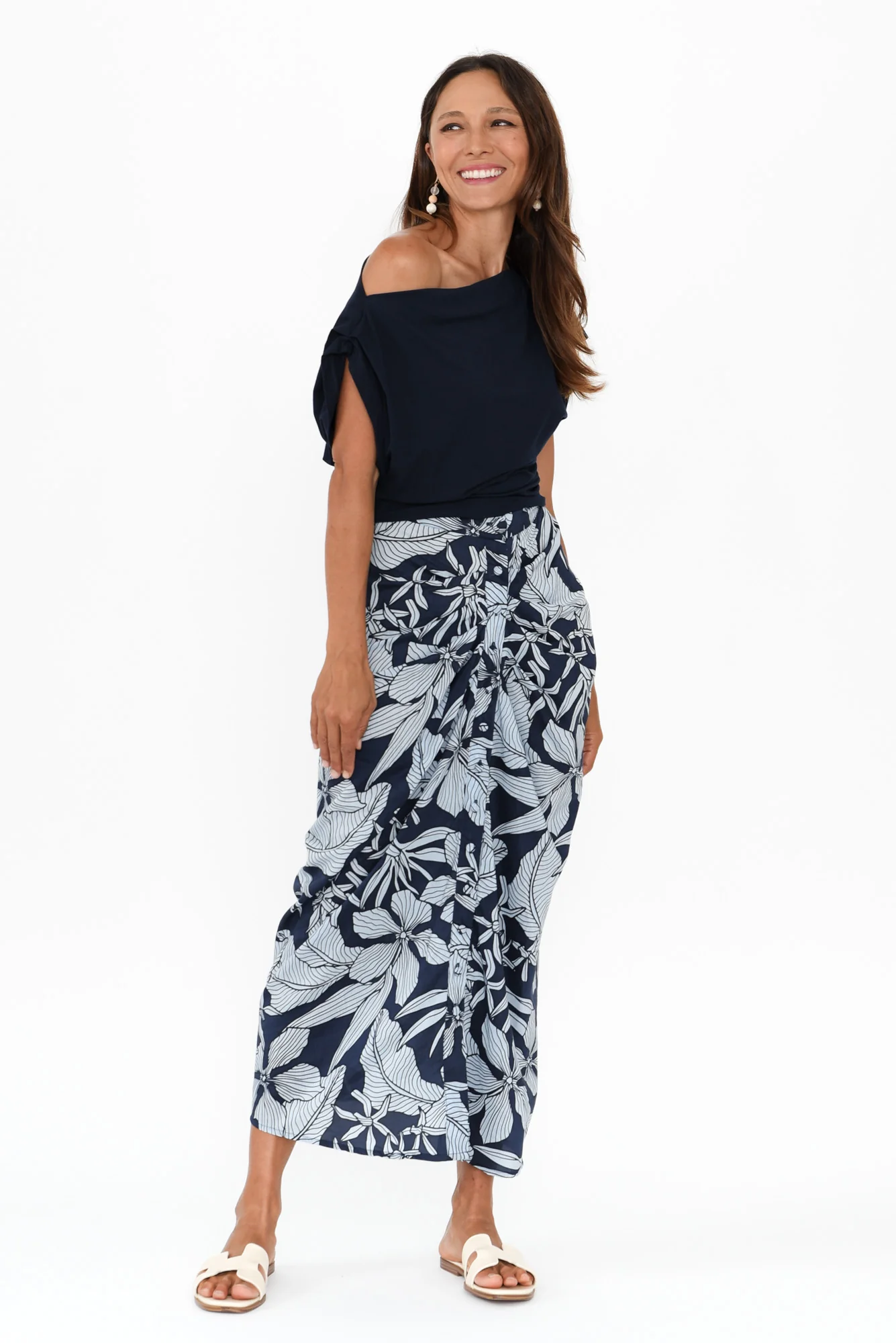 Treston Blue Tropical Cotton Gathered Skirt