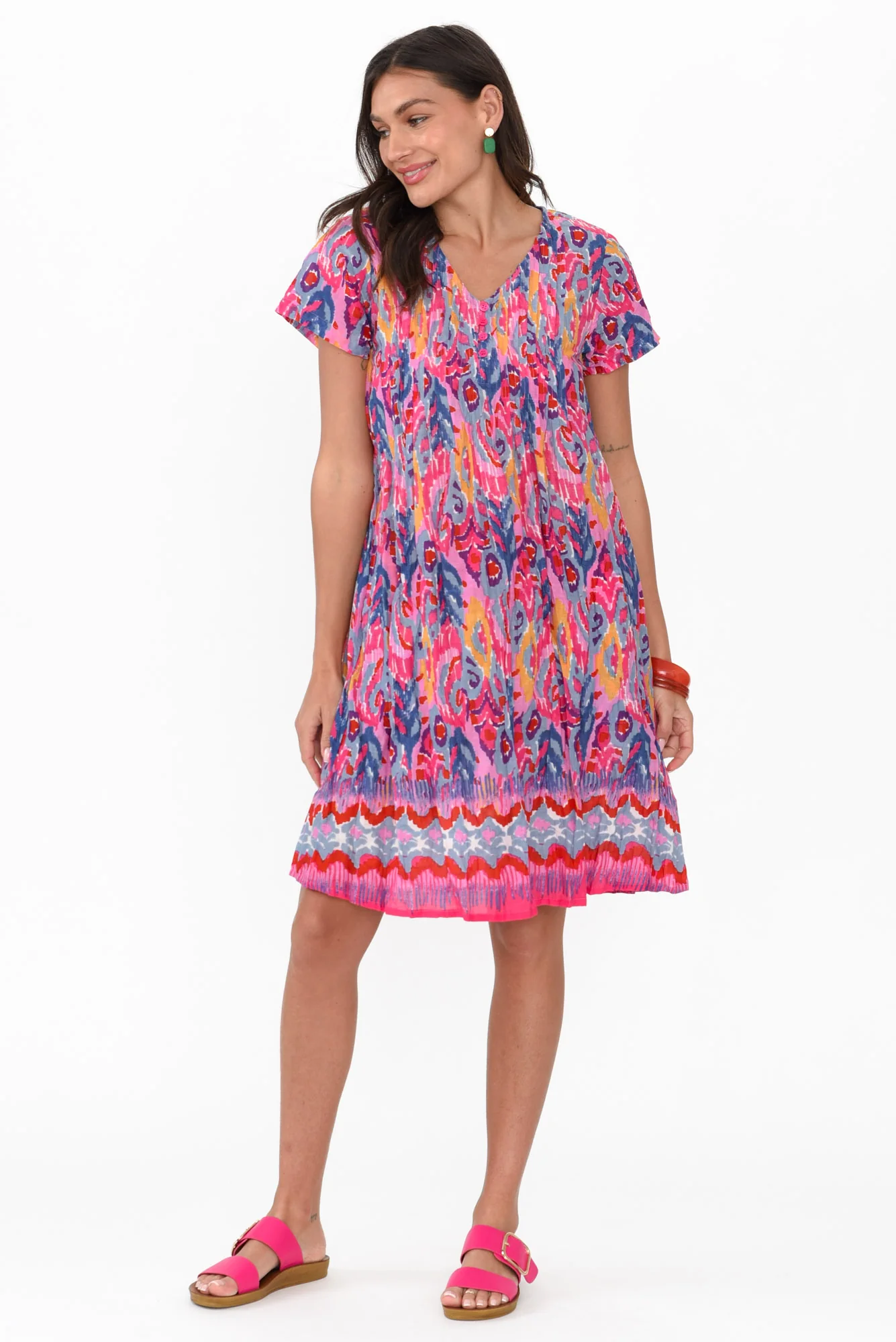 Sabina Pink Motif Crinkle Cotton Dress
