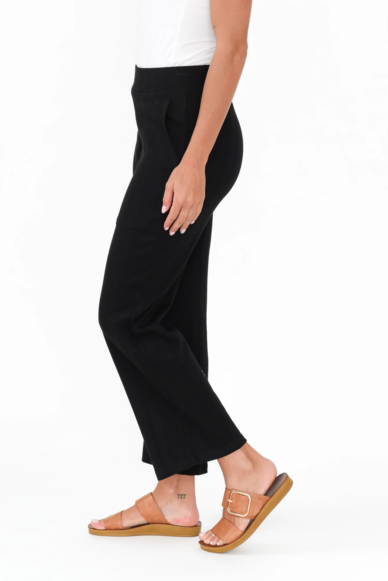 Lacy Black Cotton Blend Ribbed Pants