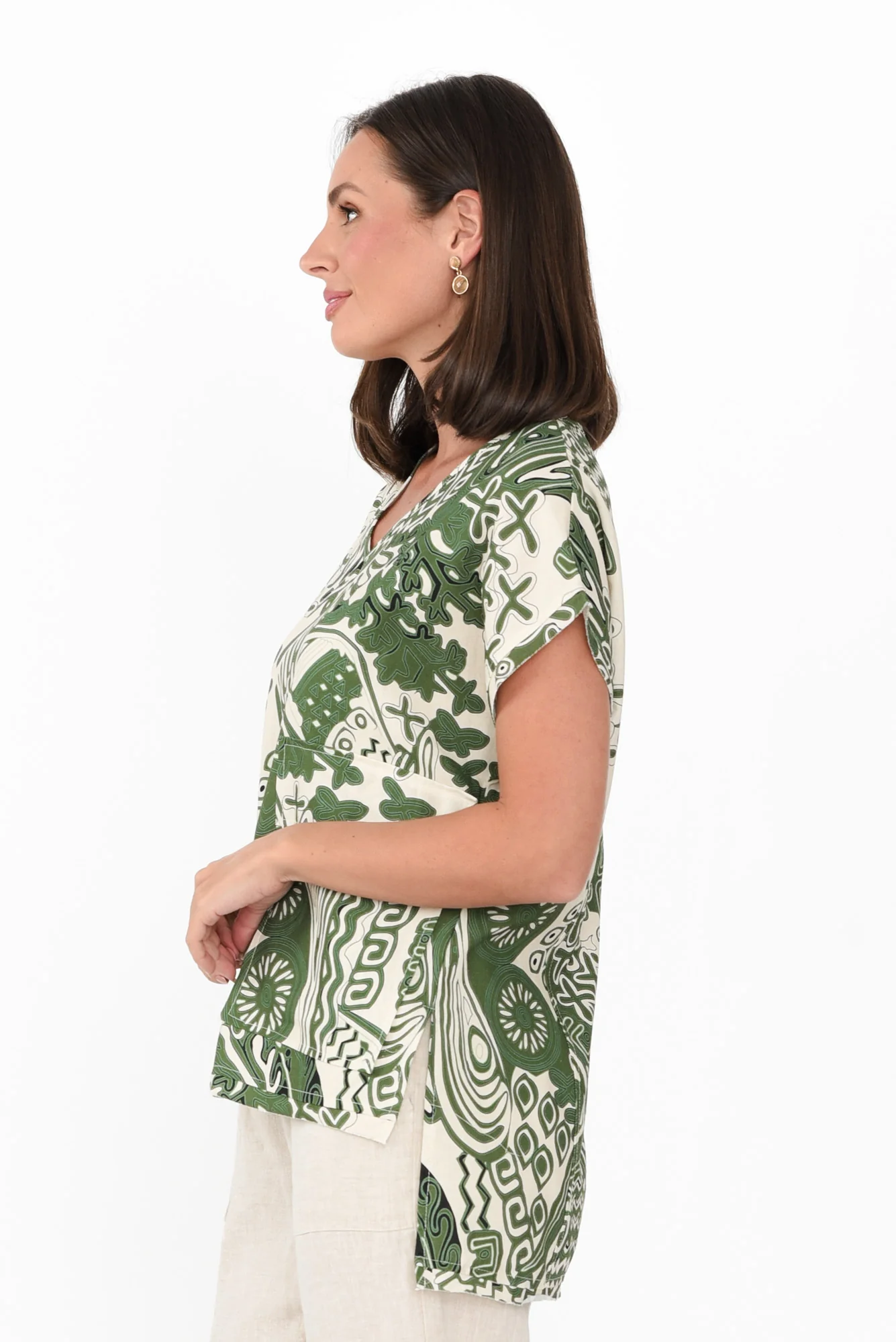 Terassa Green Abstract Linen Blend Top