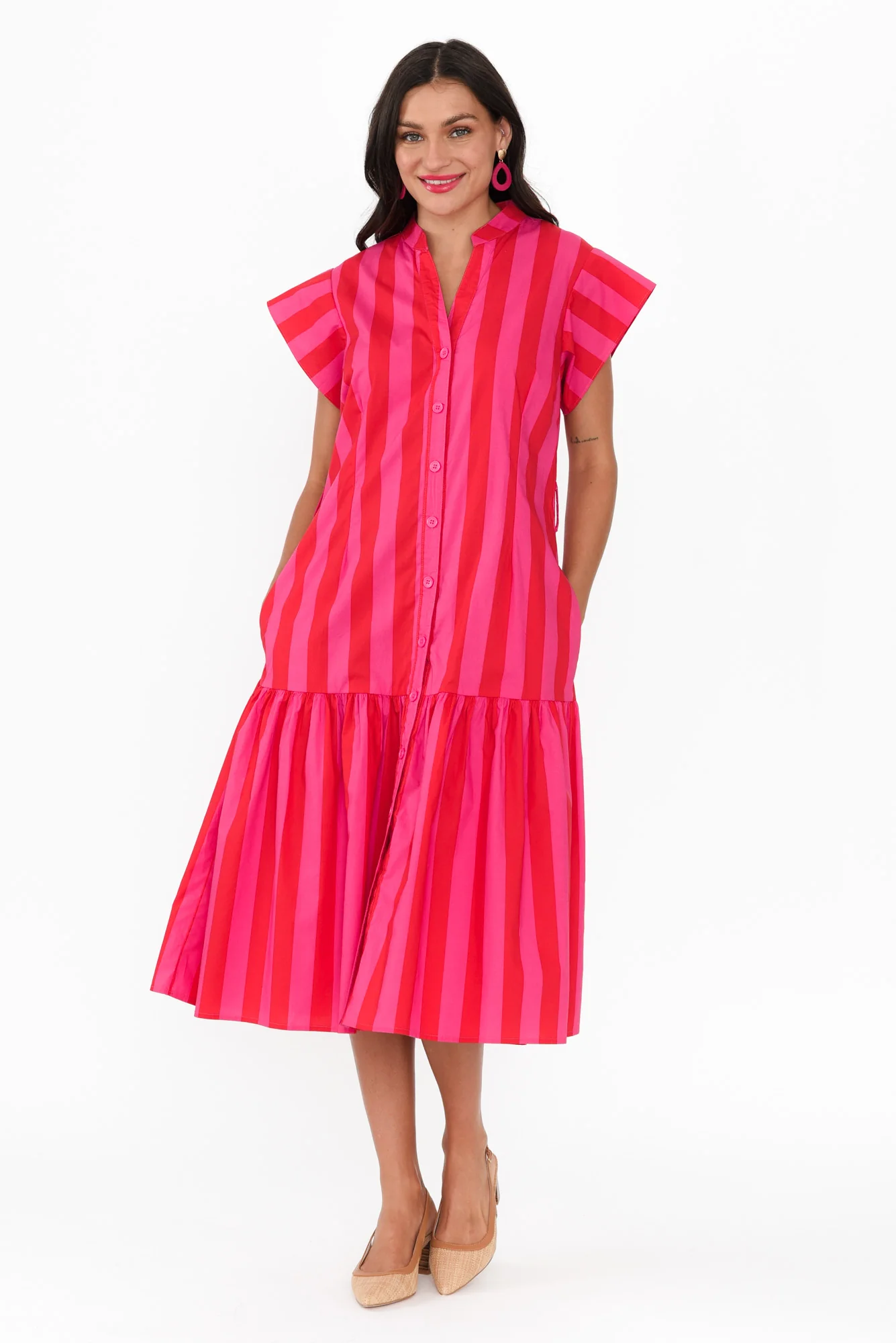 Mari Red Stripe Cotton Tie Dress