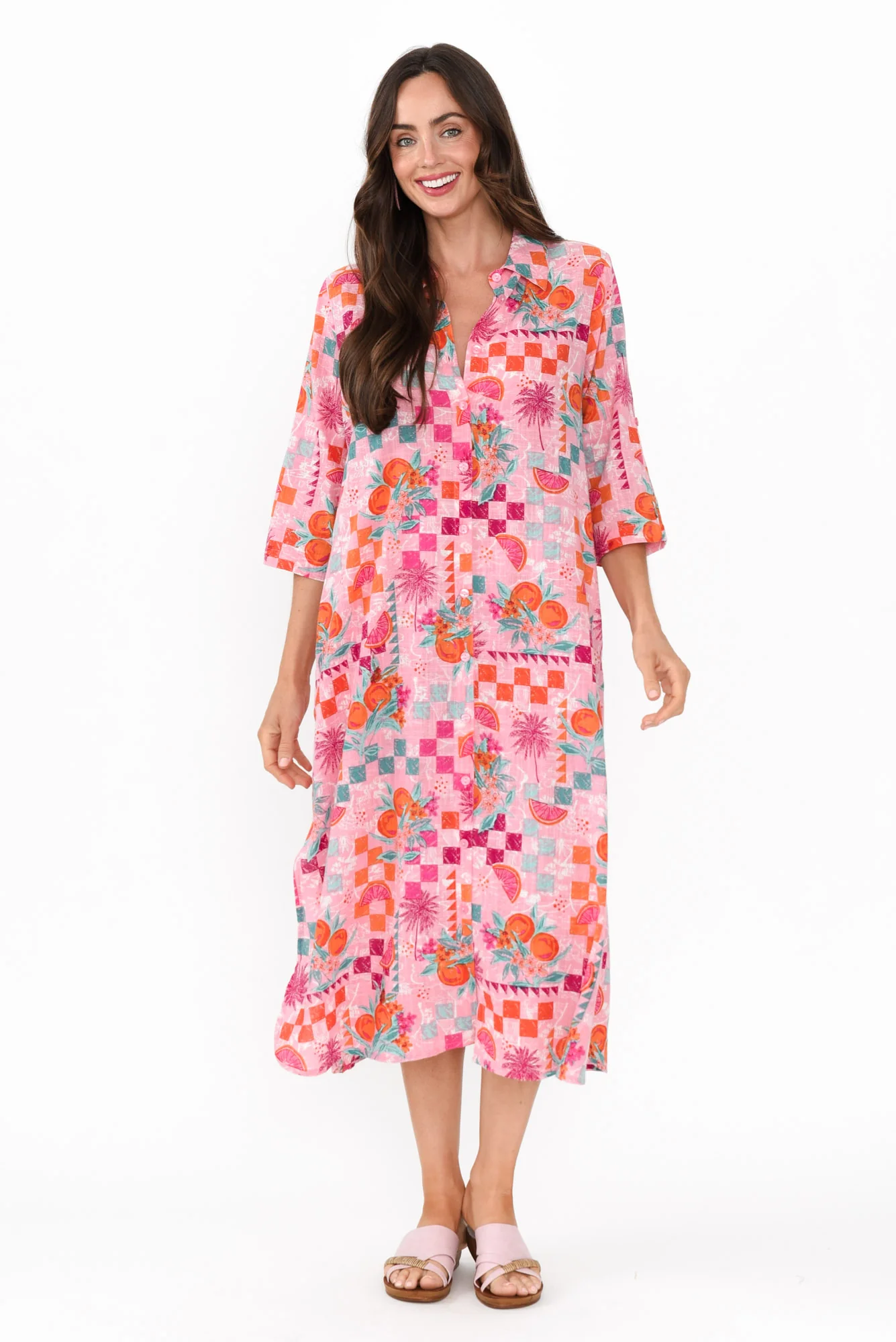 Tricia Pink Tropical Cotton Shirt Dress
