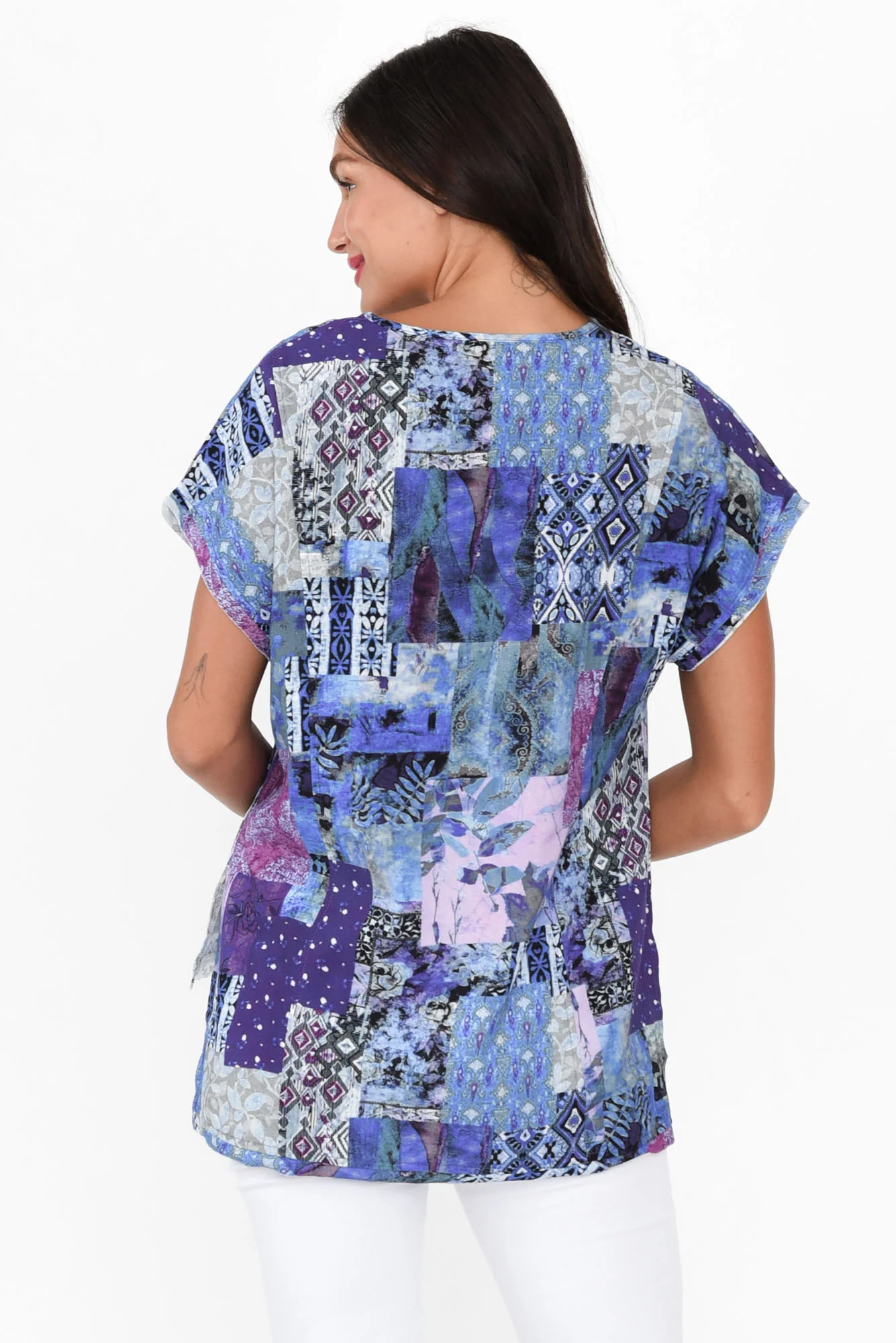 Terassa Blue Abstract Linen Blend Top