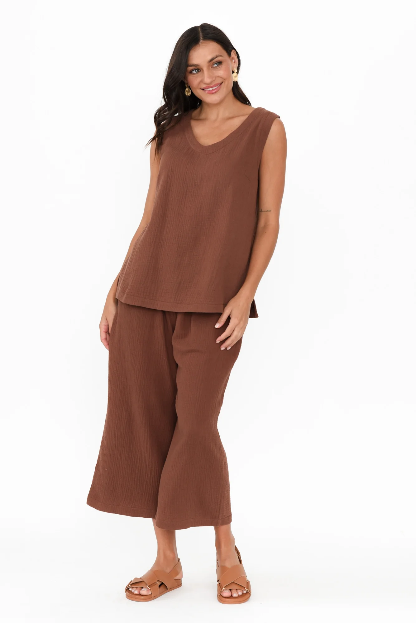 Hobart Mocha Cotton Cheesecloth Cropped Pants