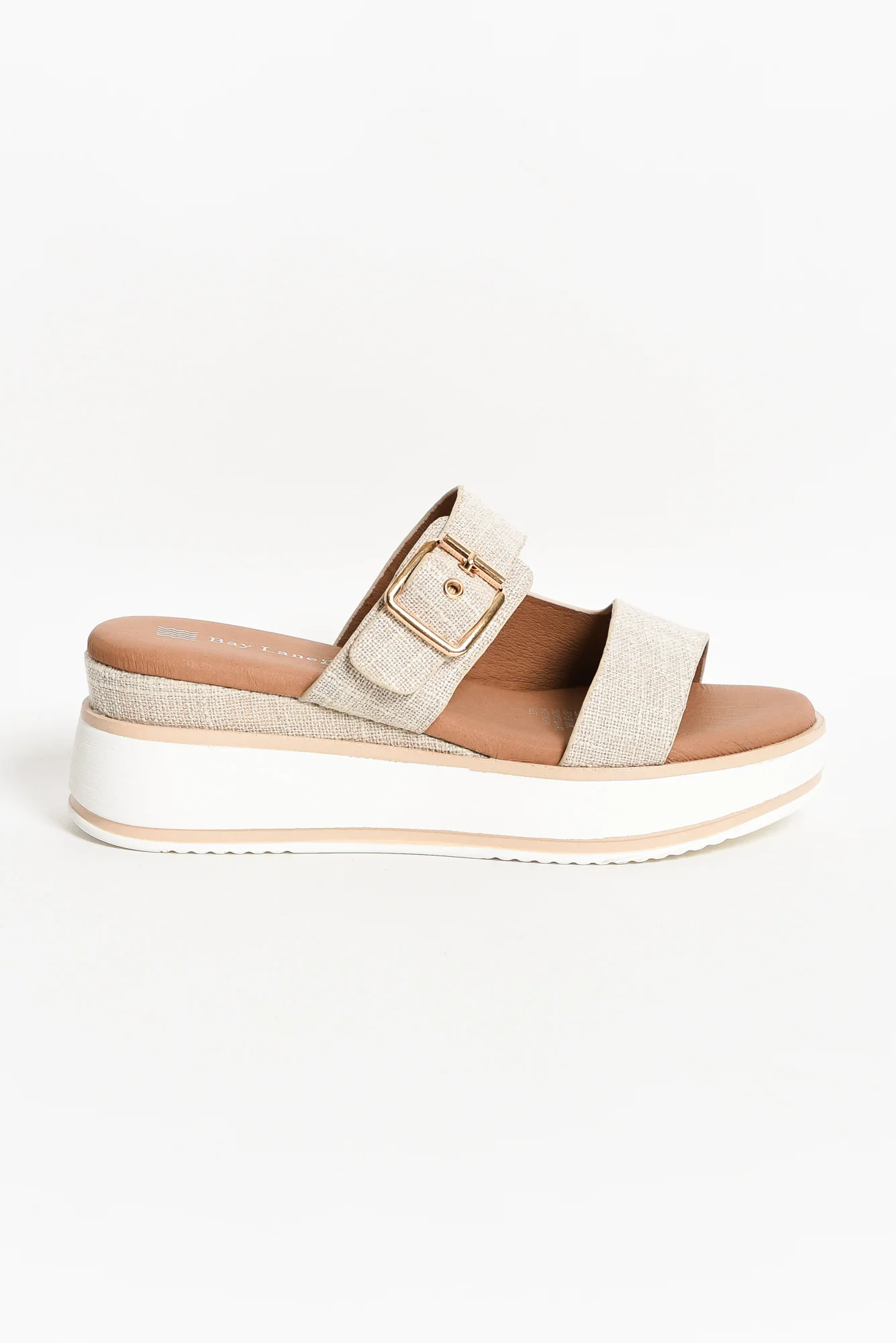 Lyst Beige Leather Buckle Platform Slide