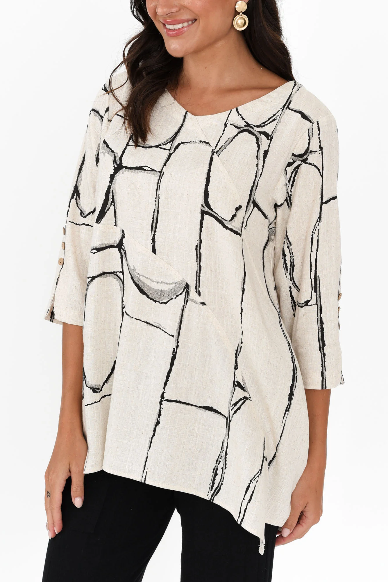 Dina Beige Geo Linen Cotton Top