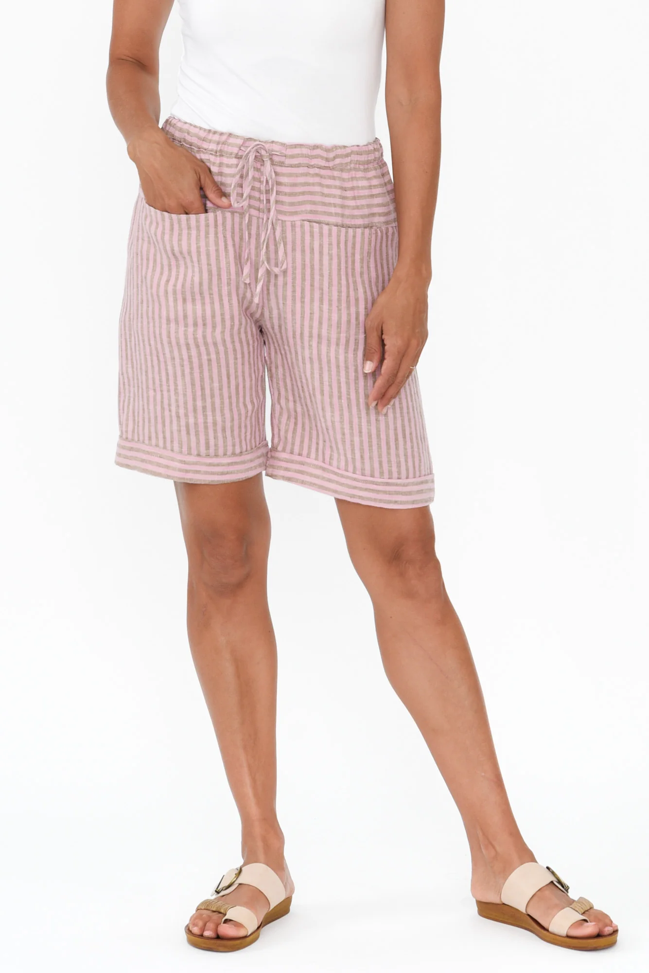 Arwen Beige Stripe Linen Drawstring Shorts
