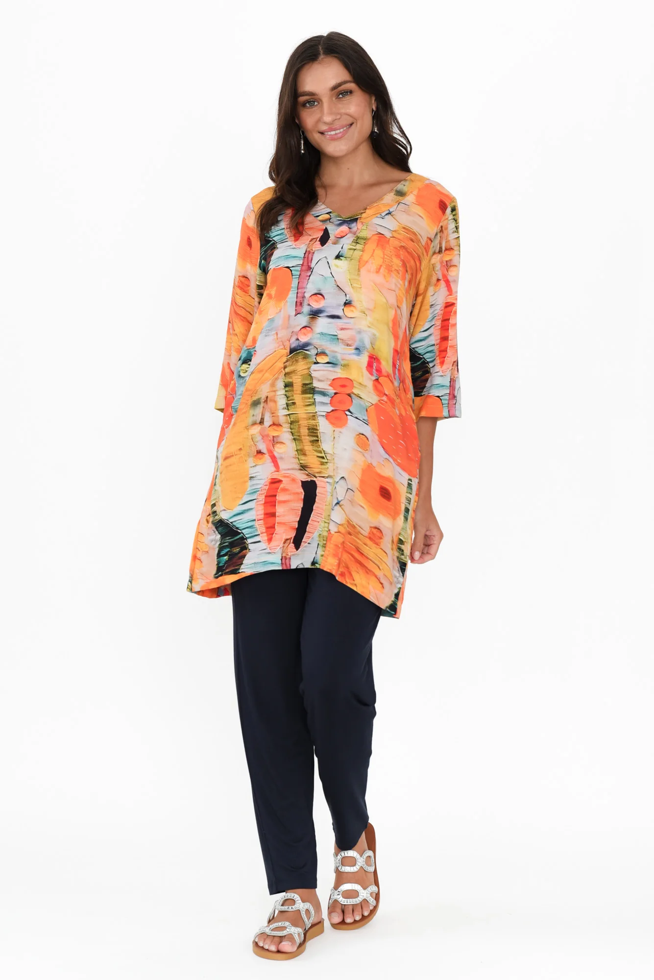 Enzo Orange Floral V Neck Tunic