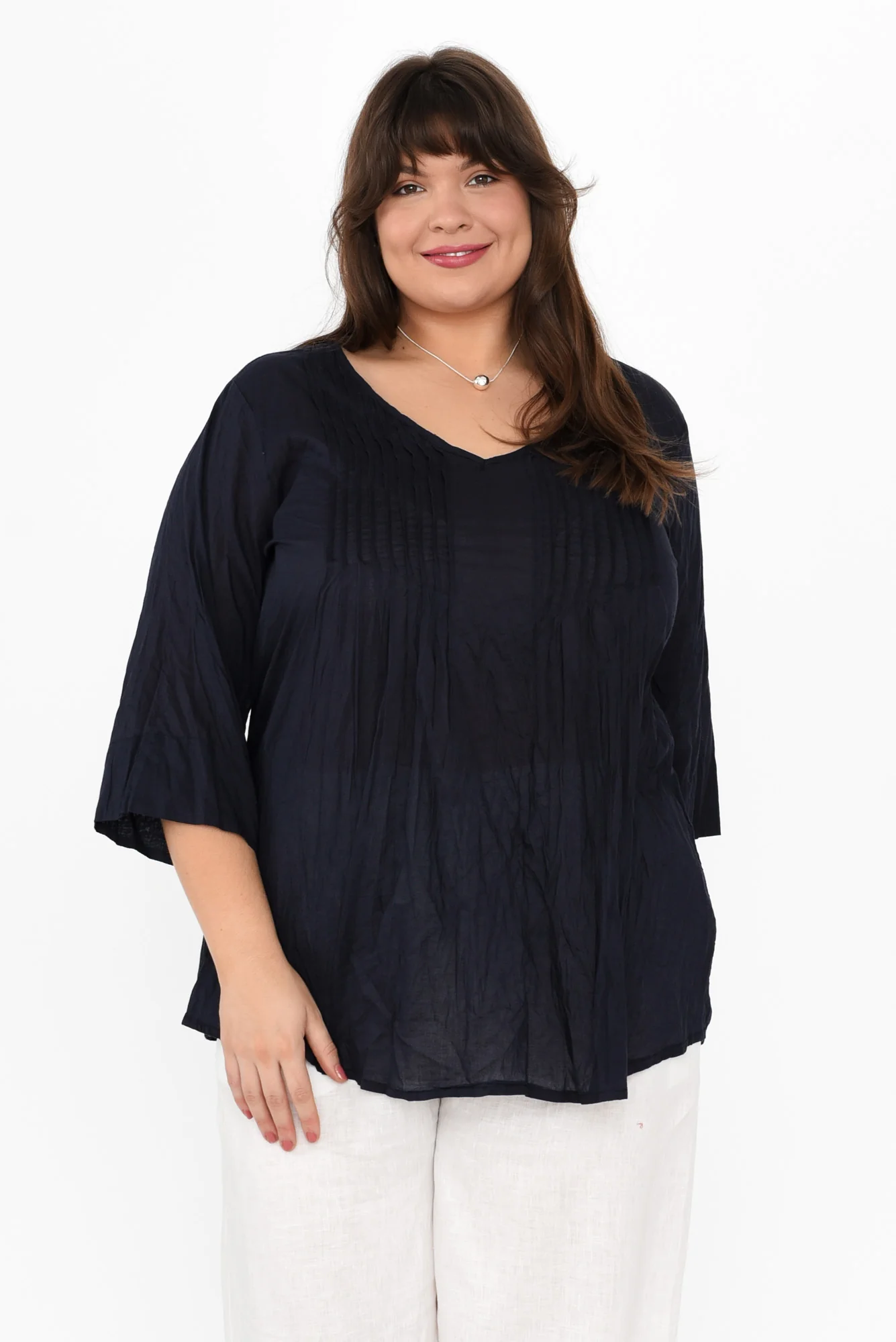 Fia Navy Sleeved Crinkle Cotton Top