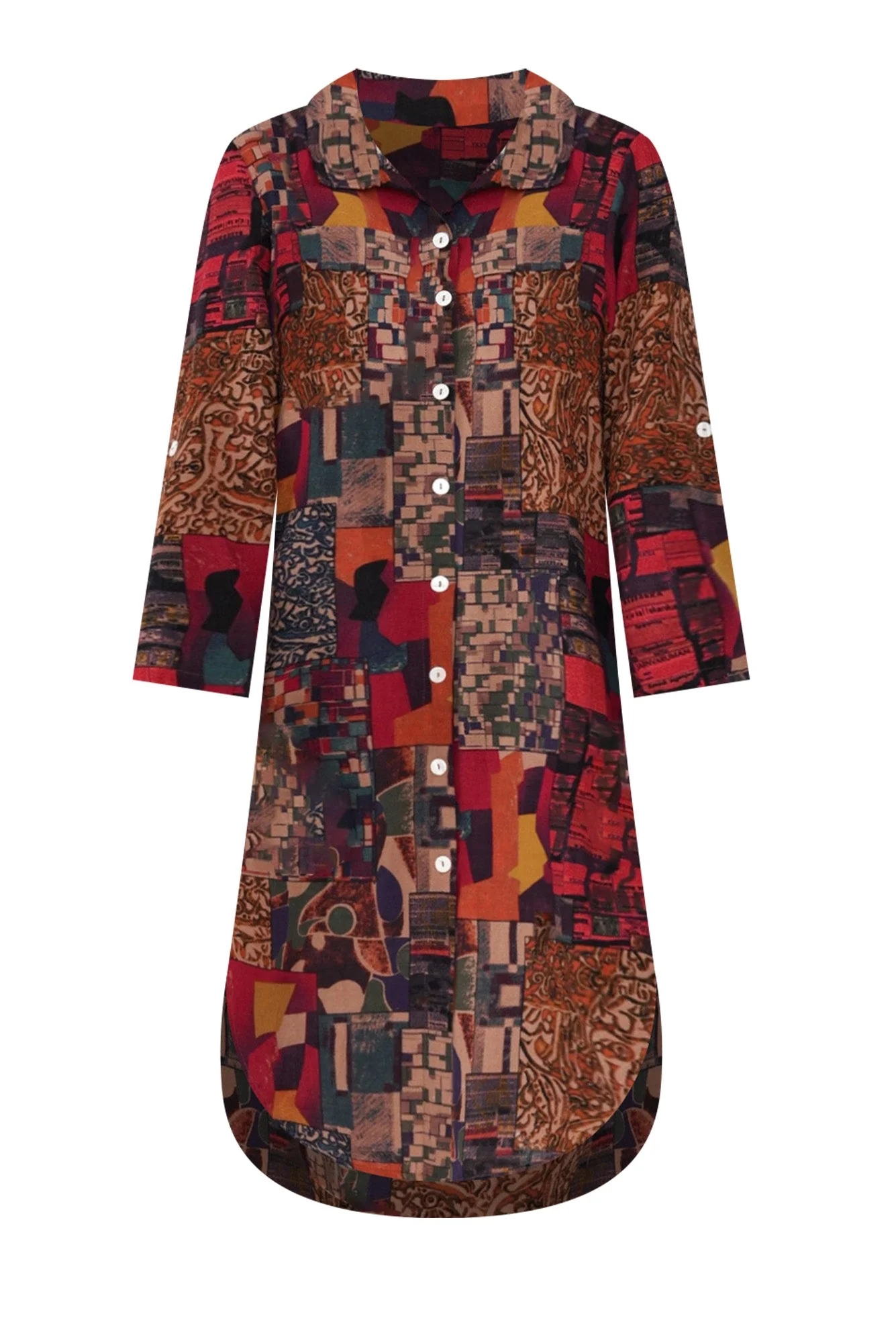 Kisley Red Abstract Cotton Linen Dress