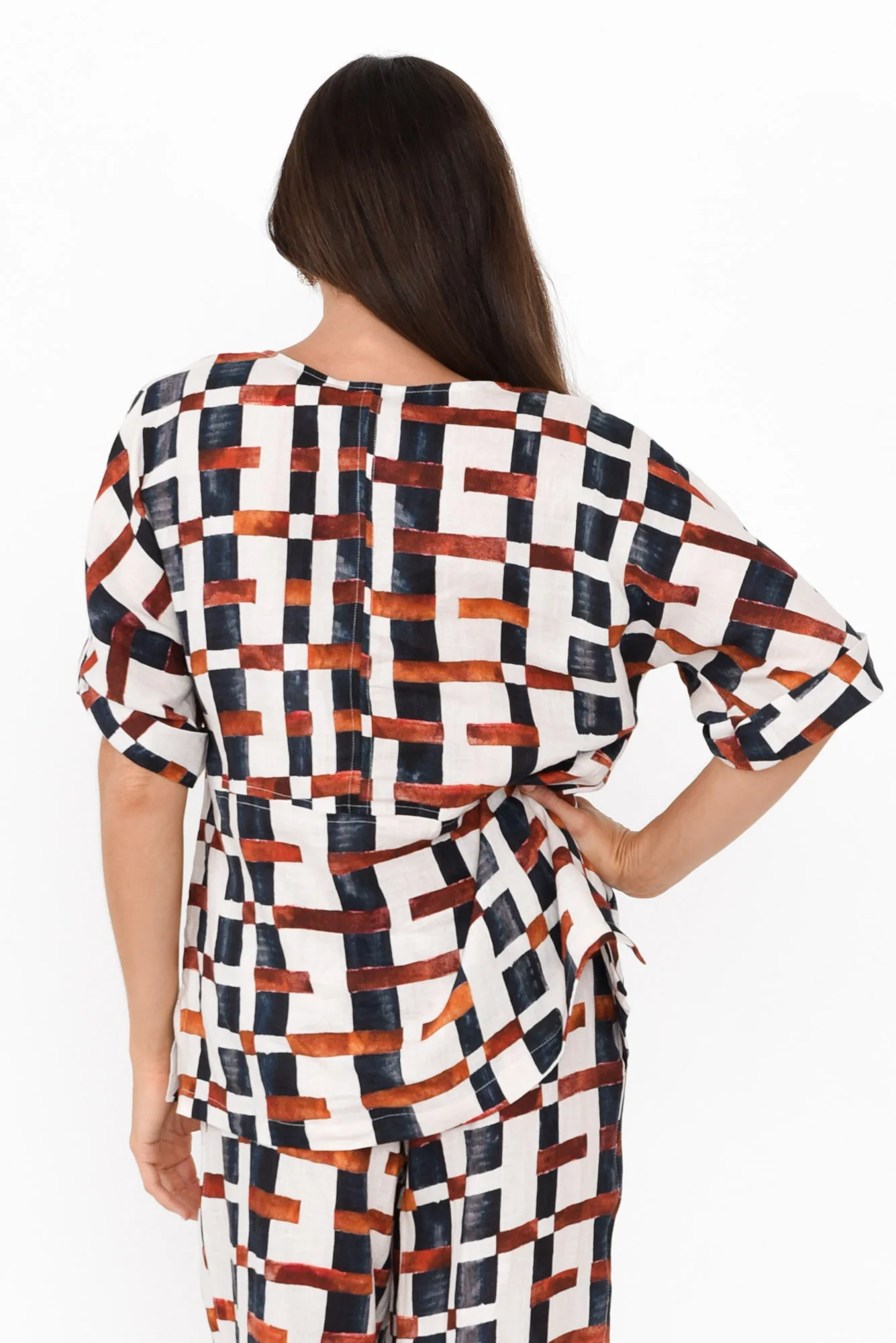 Taina Brown Geo Linen Top