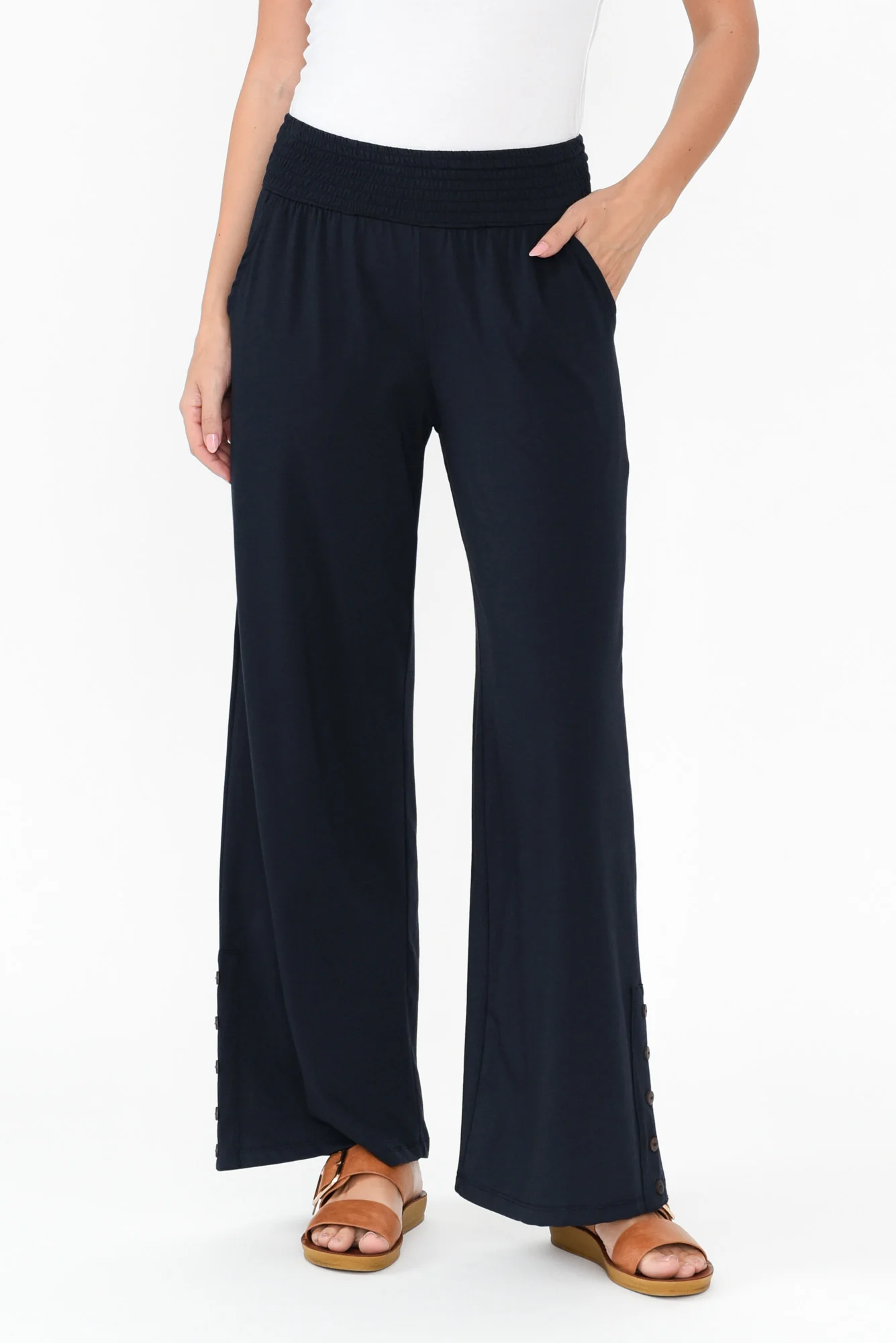 Angelica Navy Cotton Shirred Pants