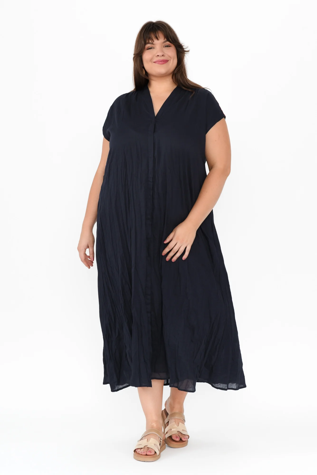 Octavia Navy Crinkle Cotton Button Dress