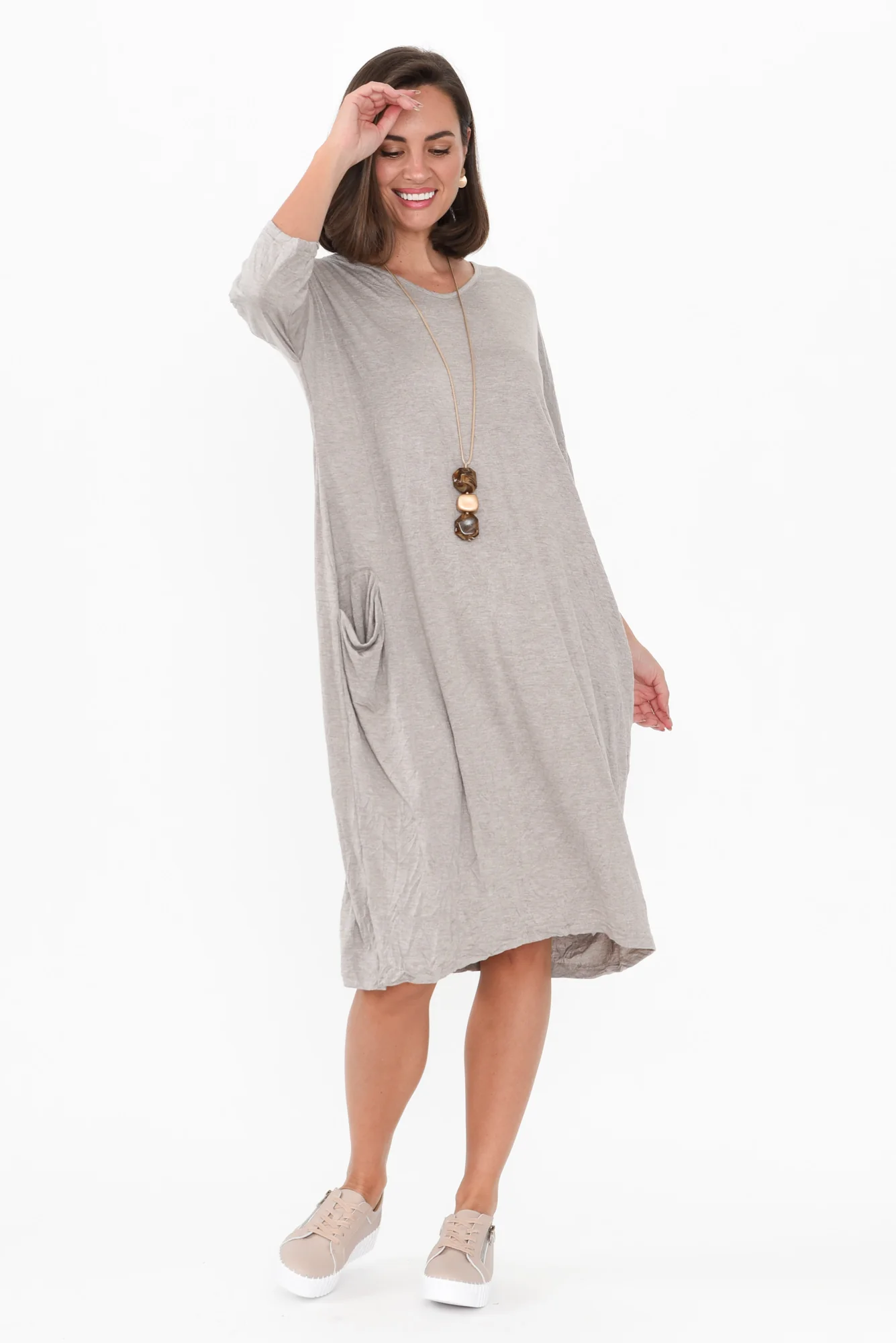 Travel Oat Crinkle Cotton Sleeved Dress
