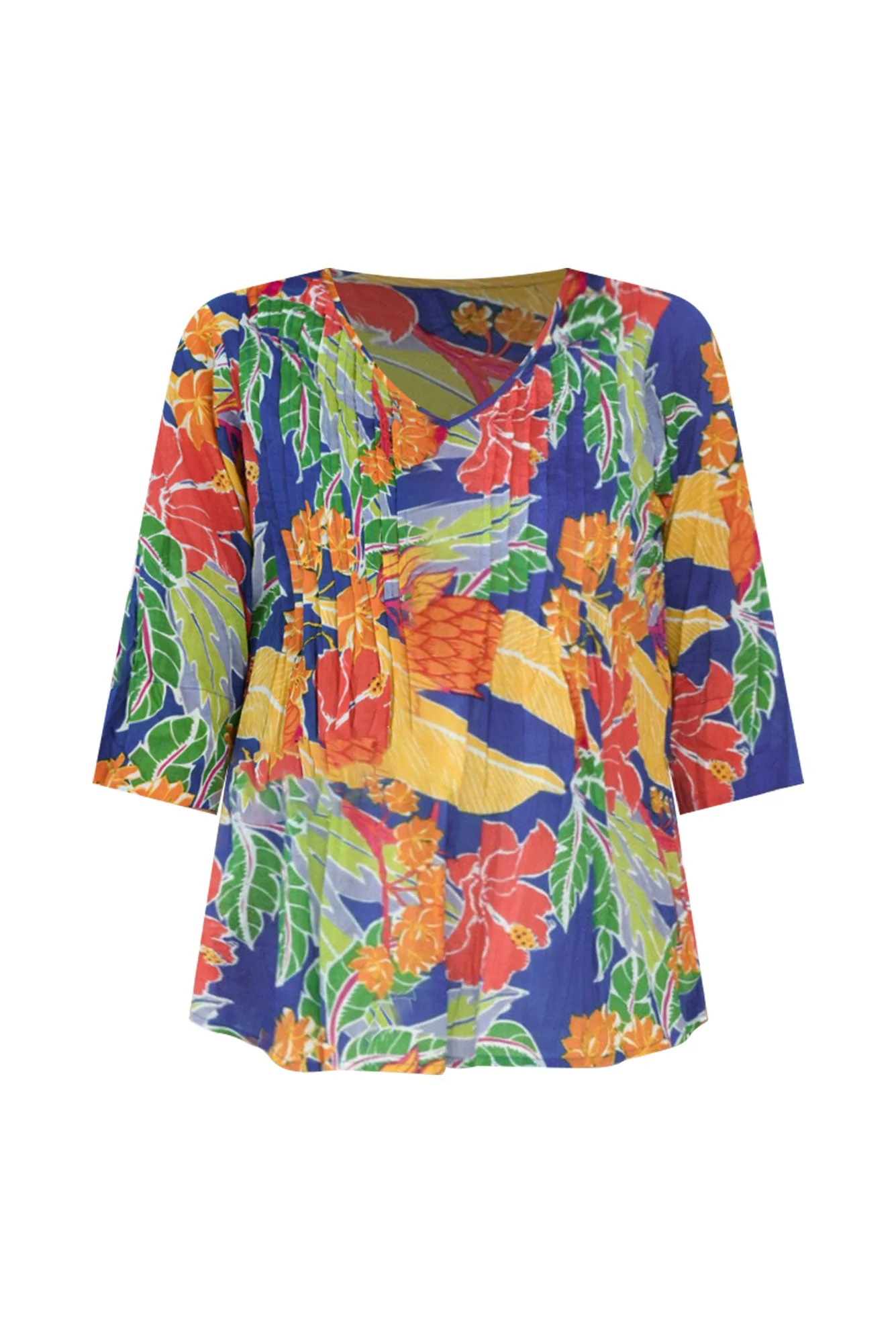 Fia Navy Floral Sleeved Crinkle Cotton Top