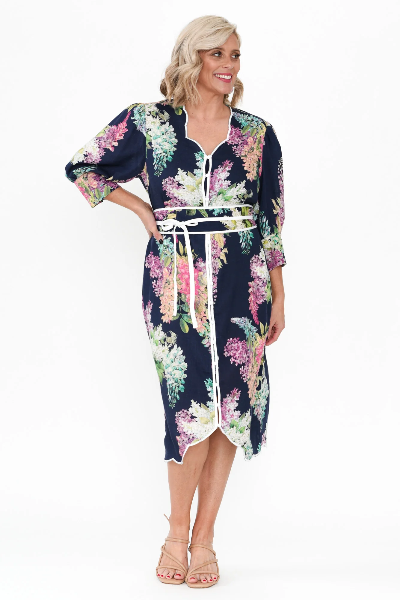 Augustine Navy Wisteria Linen Blend Dress