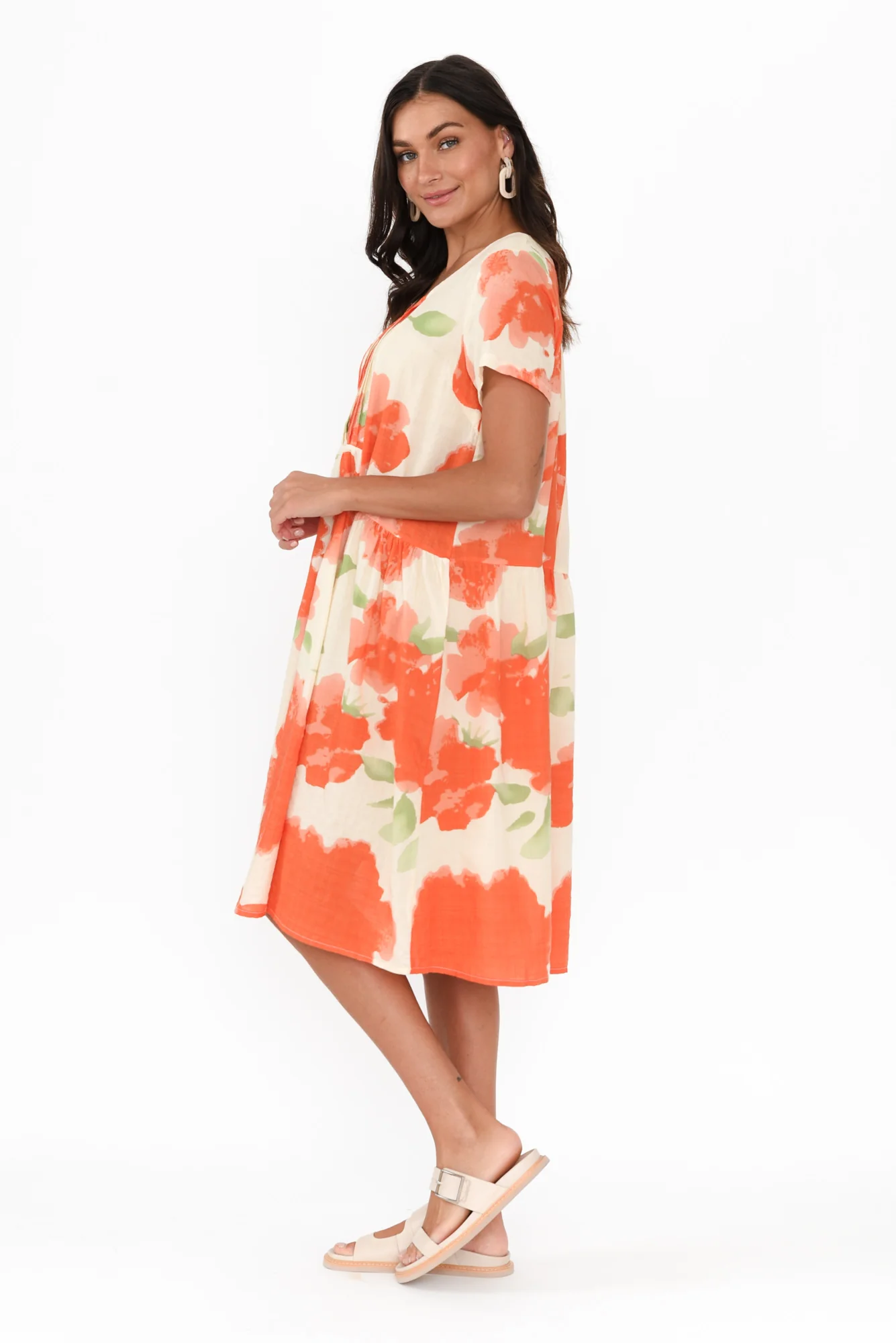 Hanoi Orange Floral Cotton Blend Dress