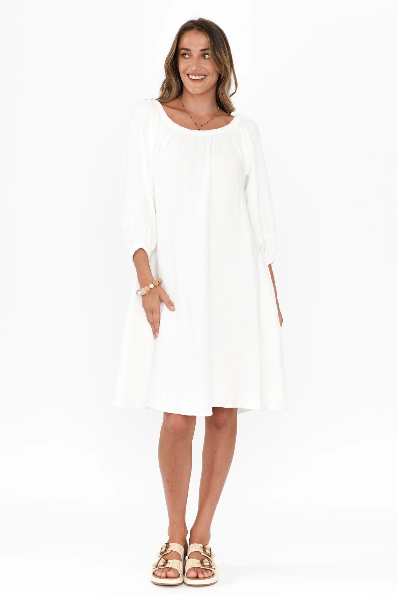Raina White Cotton Cheesecloth Sleeved Dress