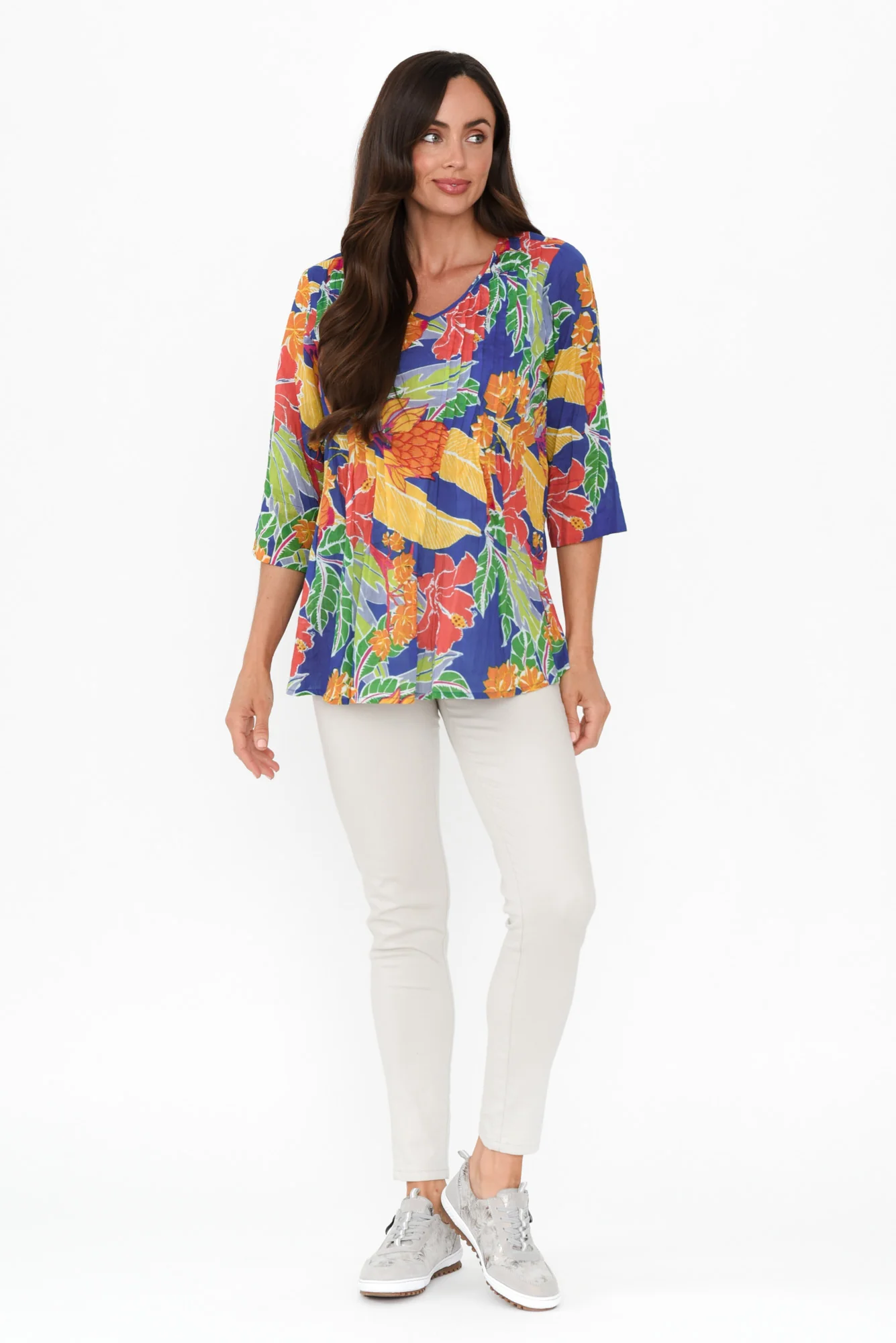 Fia Navy Floral Sleeved Crinkle Cotton Top