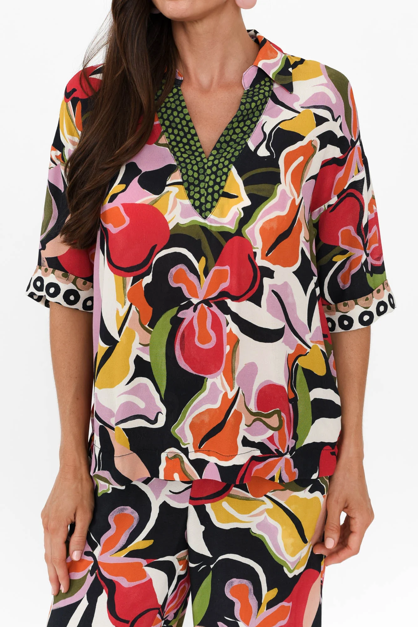 Rowi Black Tropical V Neck Top