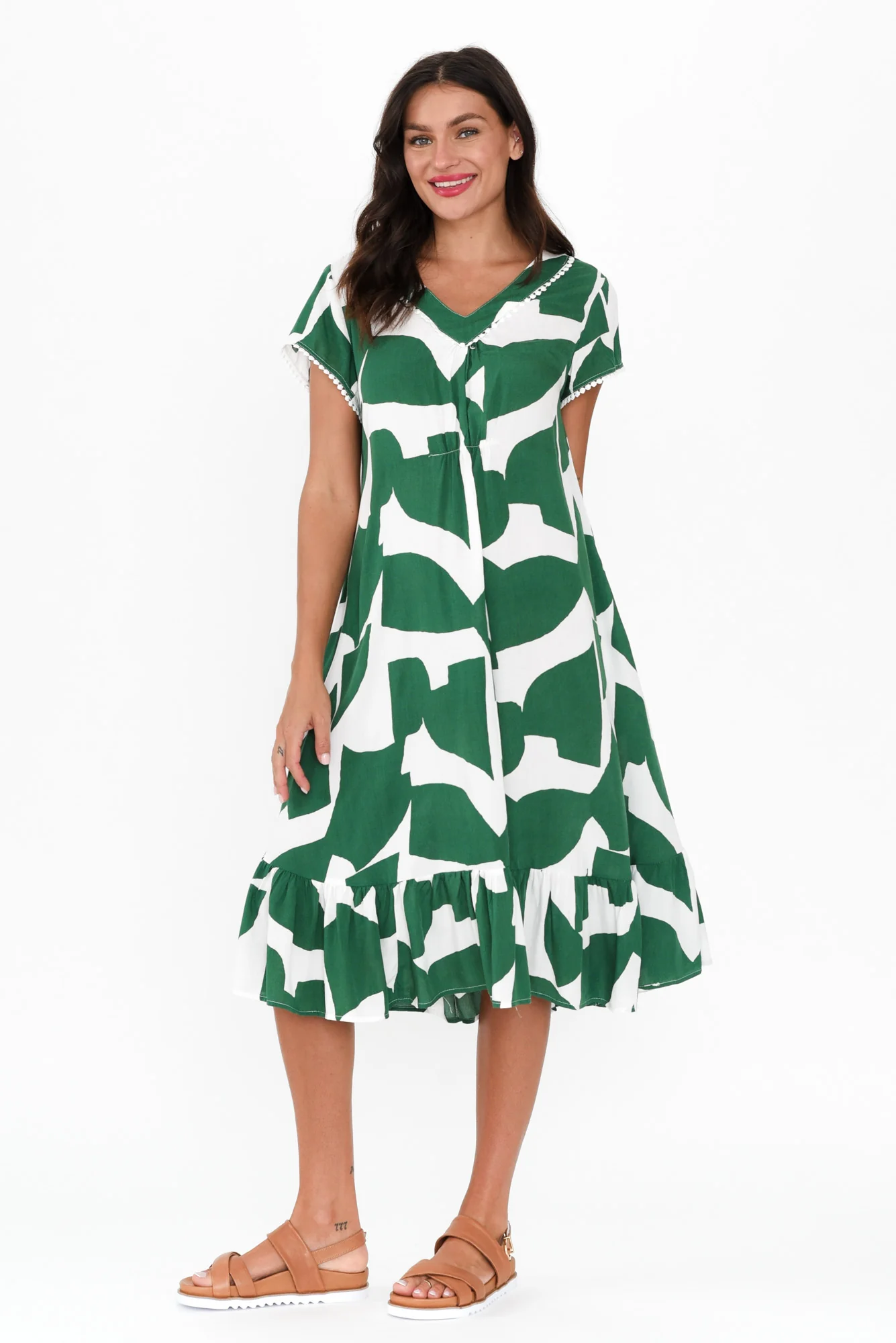 Karlie Green Abstract V Neck Dress