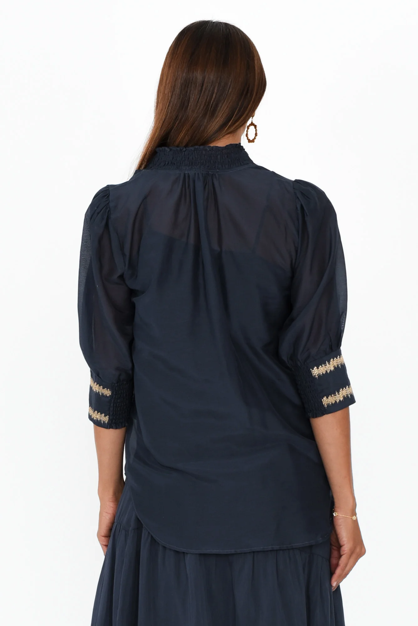 Mustique Ink Cotton Silk Embroidered Top