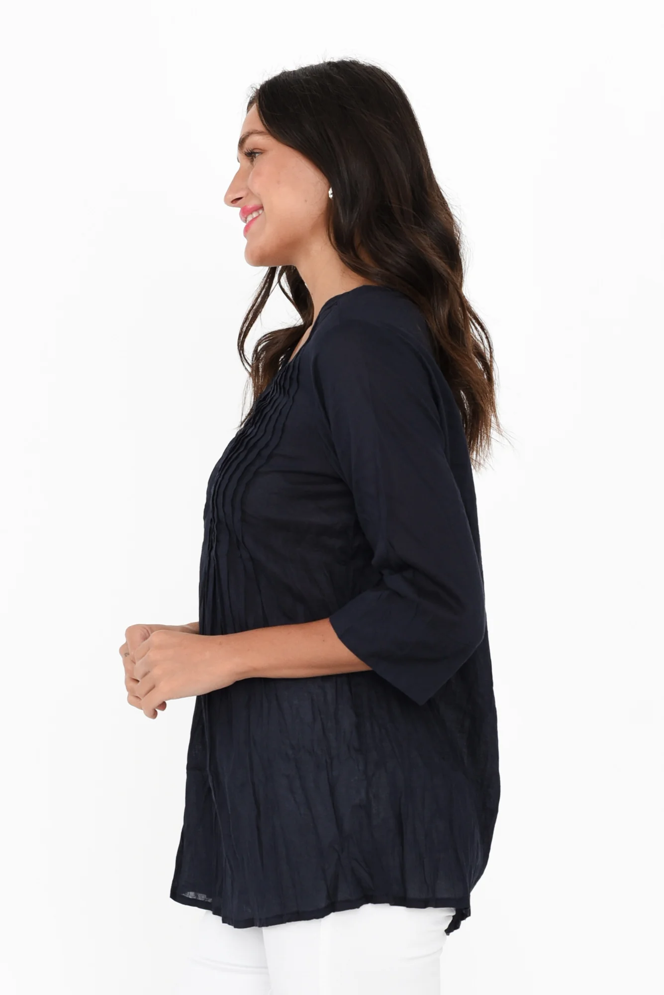 Fia Navy Sleeved Crinkle Cotton Top